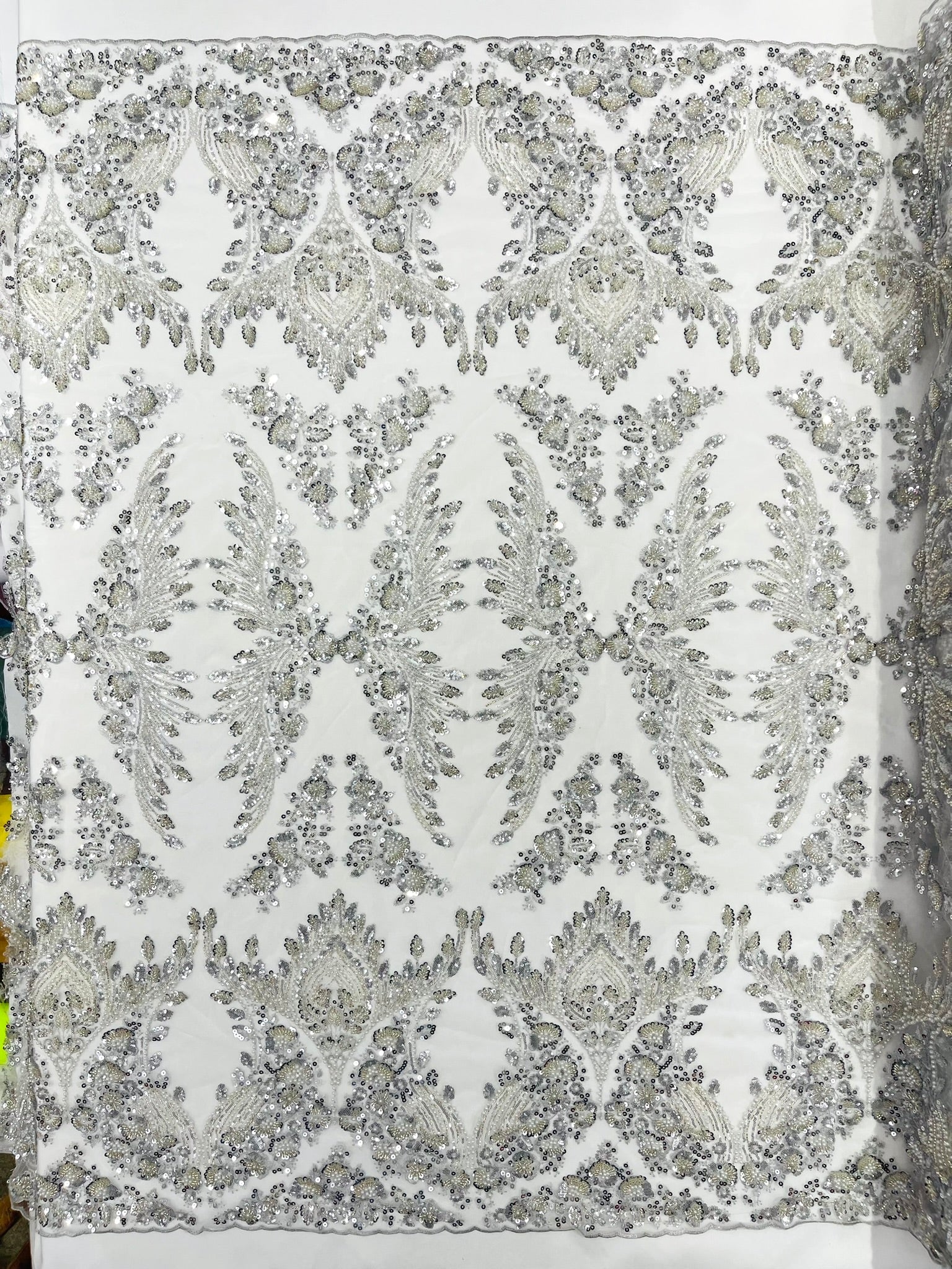 Damask Wing Design Embroidered Heavy Beaded Lace on 54" Mesh Fabric. - New Creations Fabric & Foam Inc