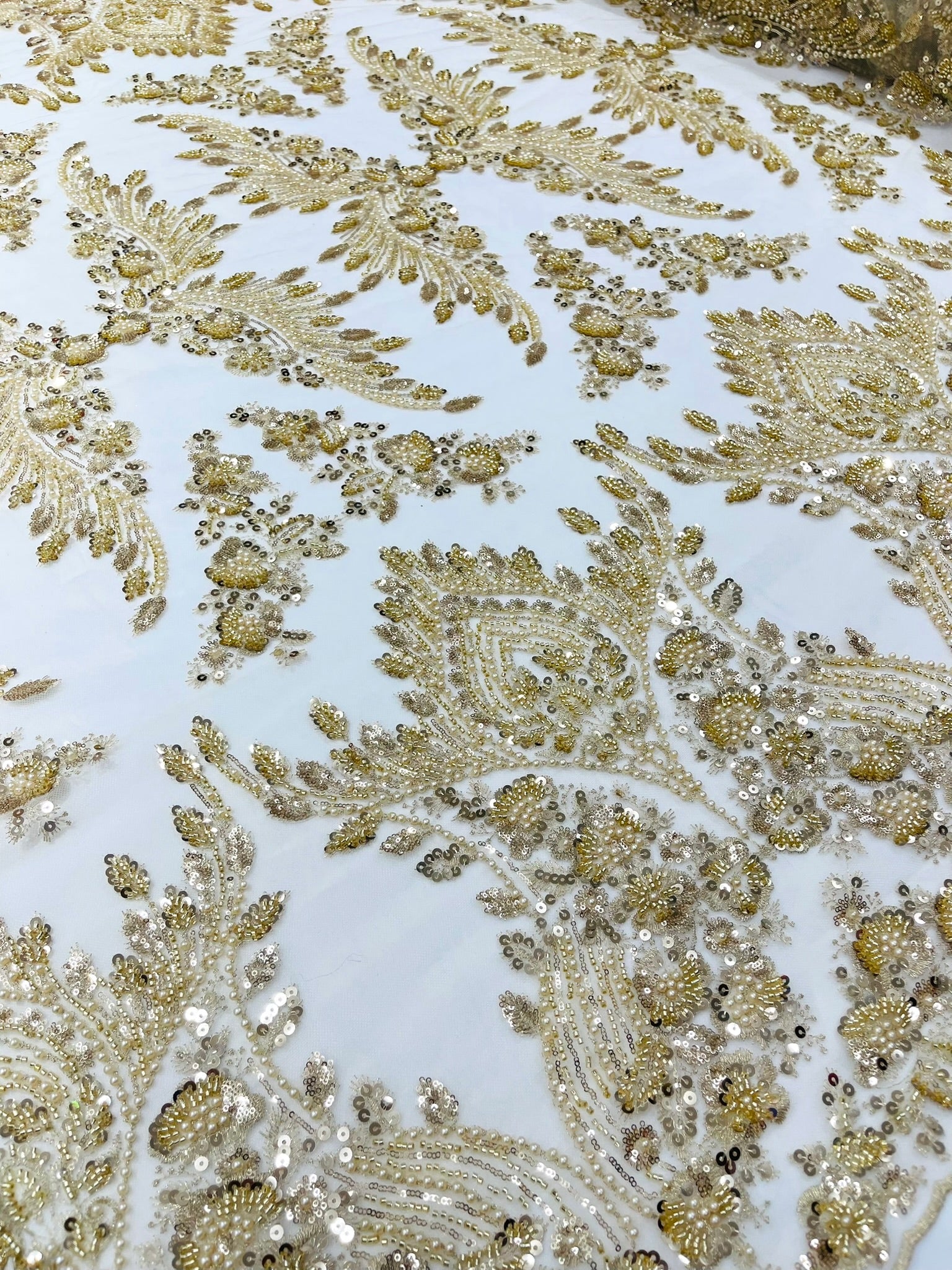 Damask Wing Design Embroidered Heavy Beaded Lace on 54" Mesh Fabric. - New Creations Fabric & Foam Inc