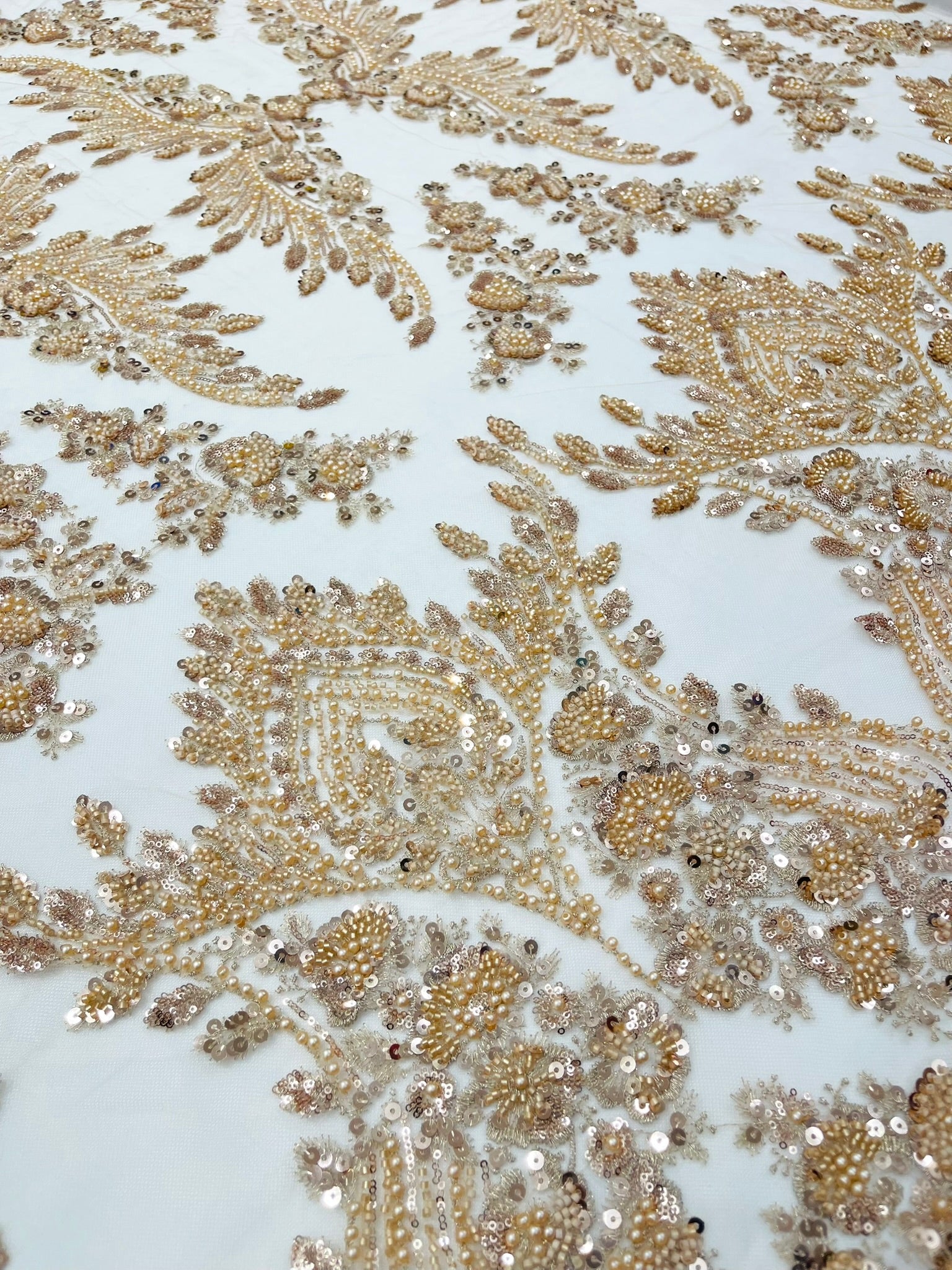 Damask Wing Design Embroidered Heavy Beaded Lace on 54" Mesh Fabric. - New Creations Fabric & Foam Inc