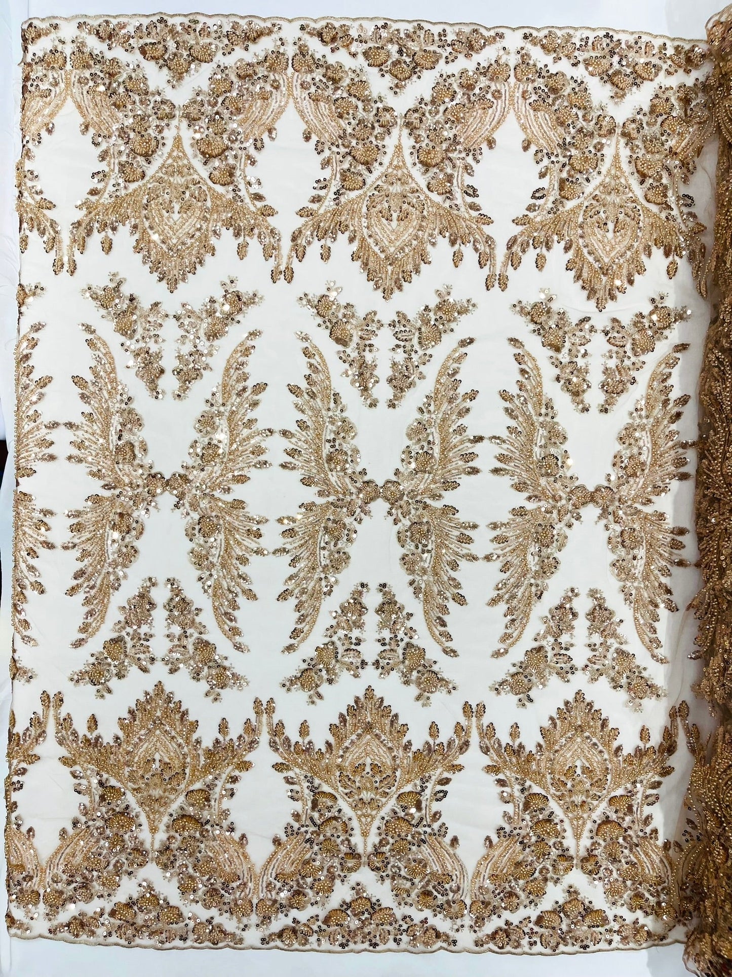 Damask Wing Design Embroidered Heavy Beaded Lace on 54" Mesh Fabric. - New Creations Fabric & Foam Inc