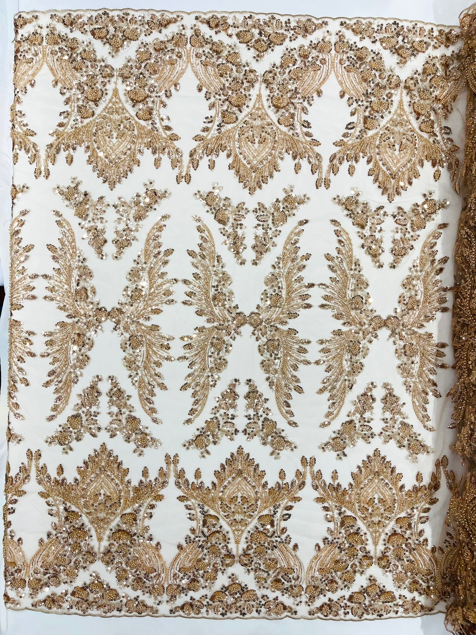 Damask Wing Design Embroidered Heavy Beaded Lace on 54" Mesh Fabric. - New Creations Fabric & Foam Inc