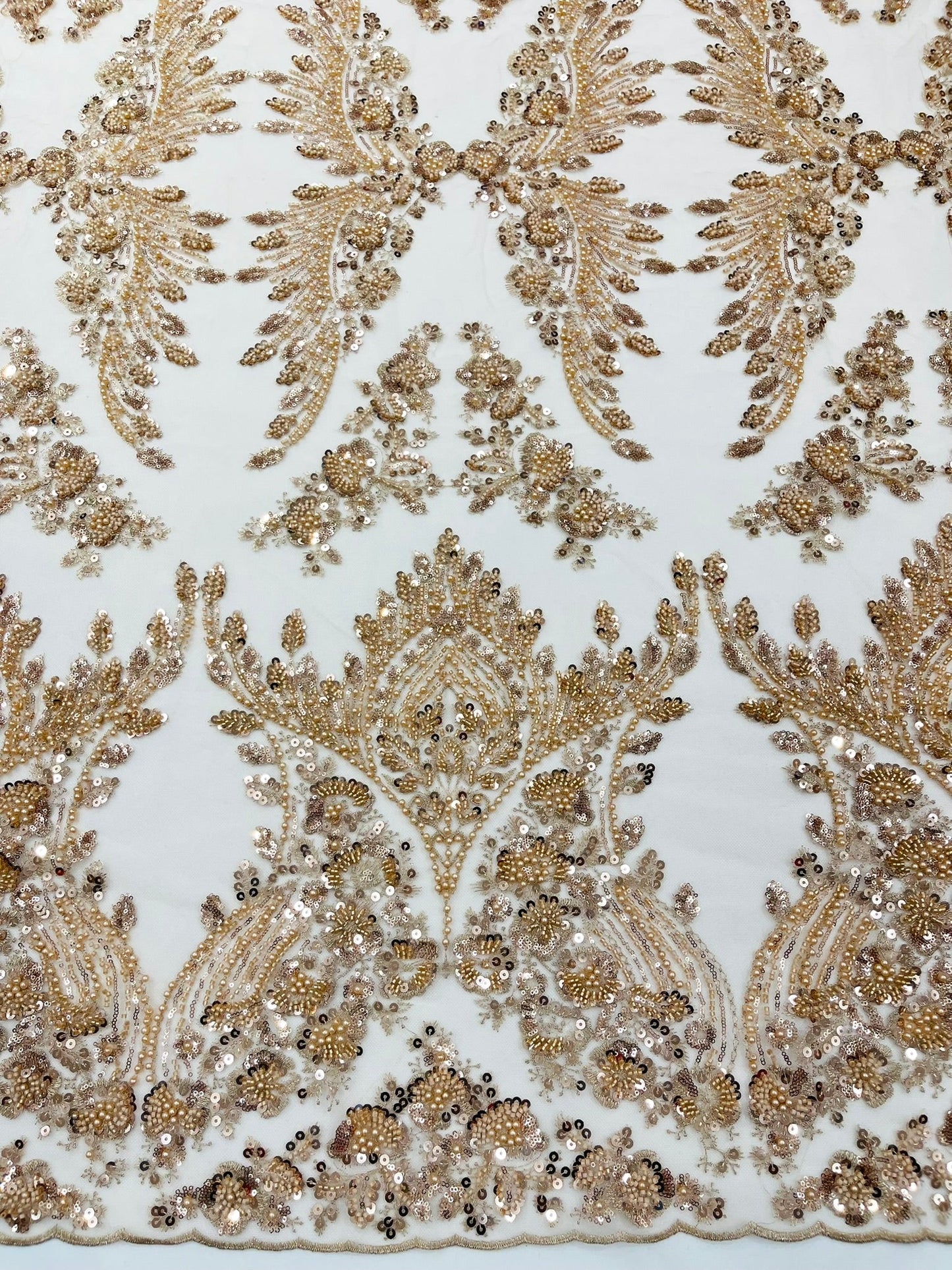 Damask Wing Design Embroidered Heavy Beaded Lace on 54" Mesh Fabric. - New Creations Fabric & Foam Inc