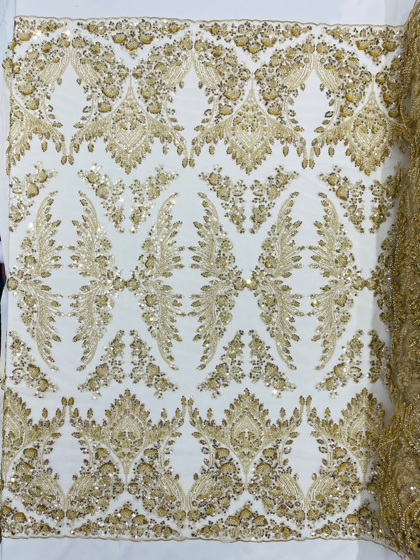 Damask Wing Design Embroidered Heavy Beaded Lace on 54" Mesh Fabric. - New Creations Fabric & Foam Inc