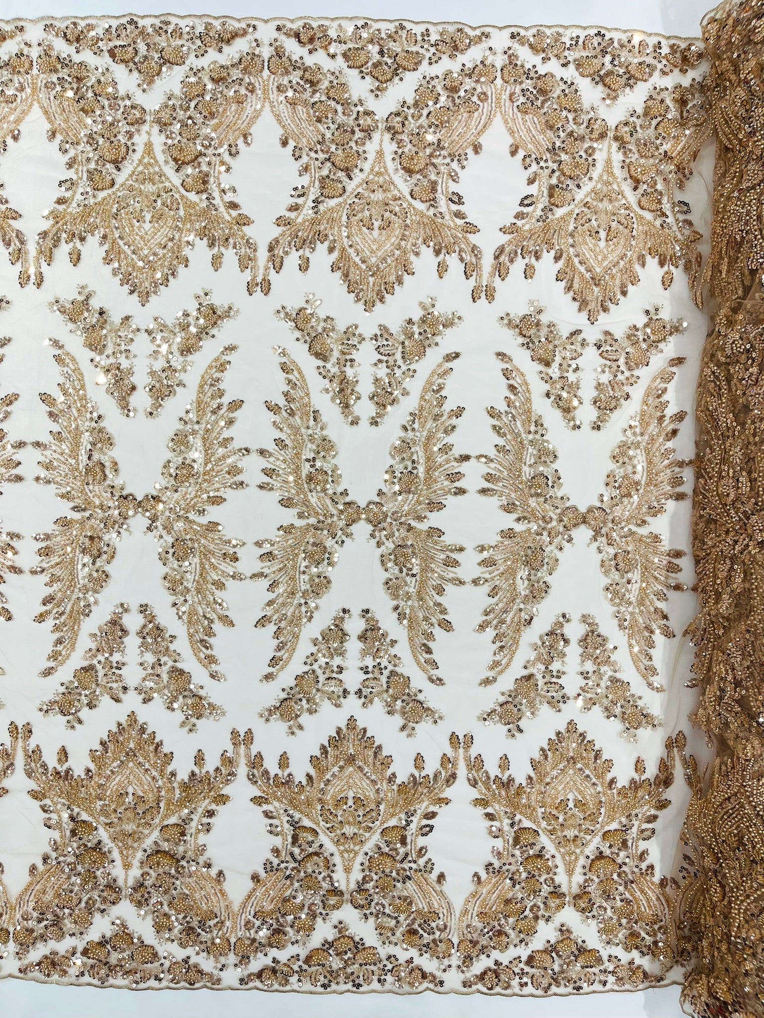 Damask Wing Design Embroidered Heavy Beaded Lace on 54" Mesh Fabric. - New Creations Fabric & Foam Inc