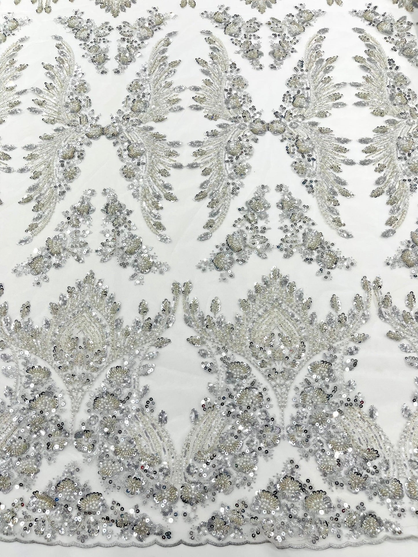 Damask Wing Design Embroidered Heavy Beaded Lace on 54" Mesh Fabric. - New Creations Fabric & Foam Inc