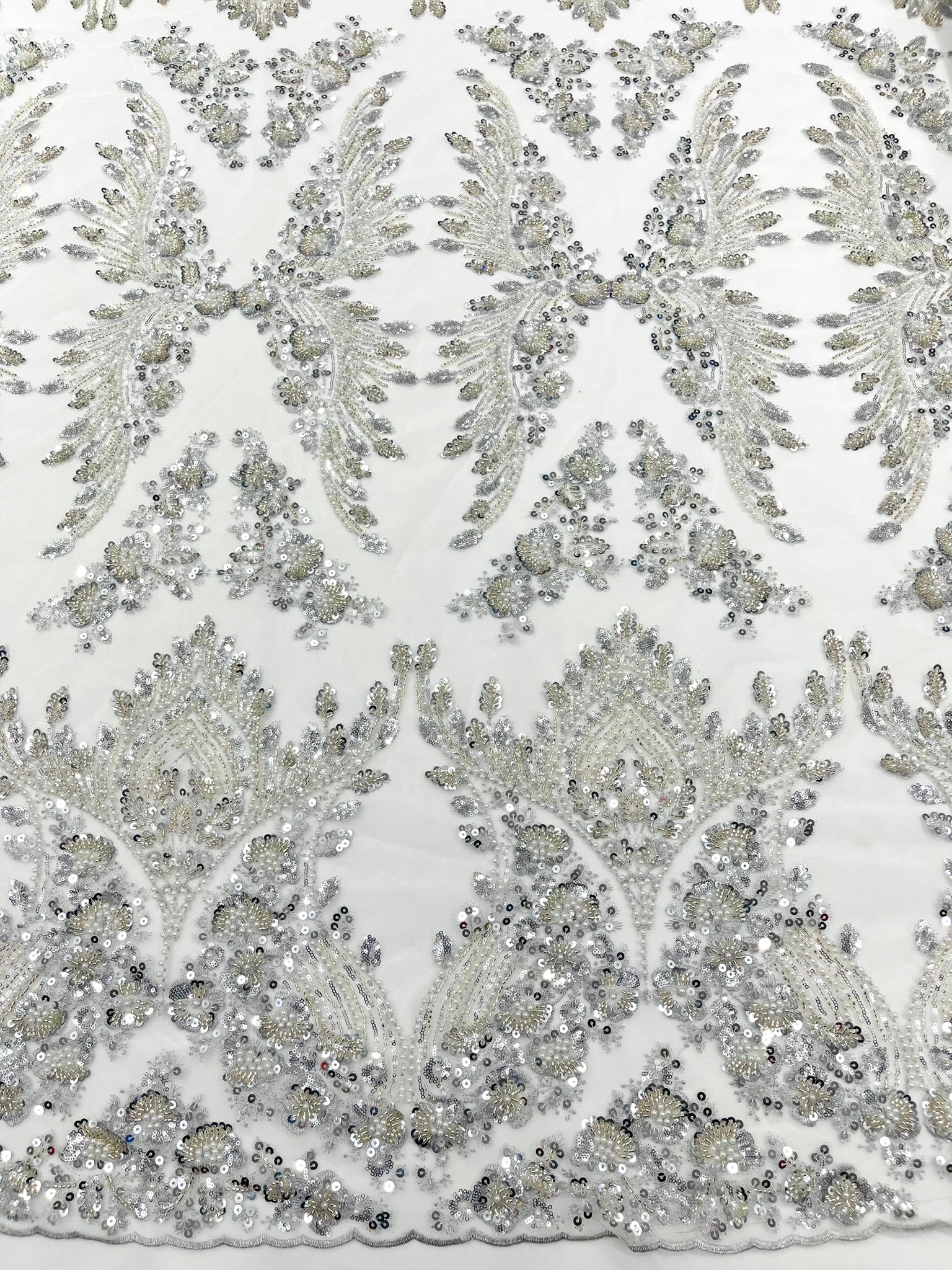 Damask Wing Design Embroidered Heavy Beaded Lace on 54" Mesh Fabric. - New Creations Fabric & Foam Inc