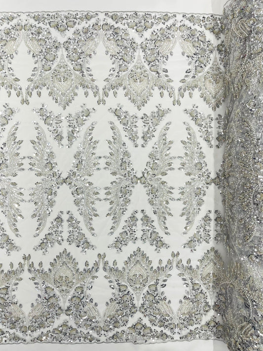 Damask Wing Design Embroidered Heavy Beaded Lace on 54" Mesh Fabric. - New Creations Fabric & Foam Inc