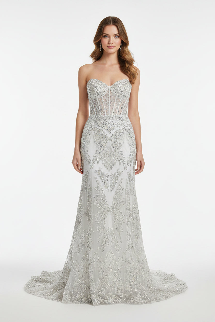 Damask Wing Design Embroidered Heavy Beaded Lace on 54" Mesh Fabric. - New Creations Fabric & Foam Inc