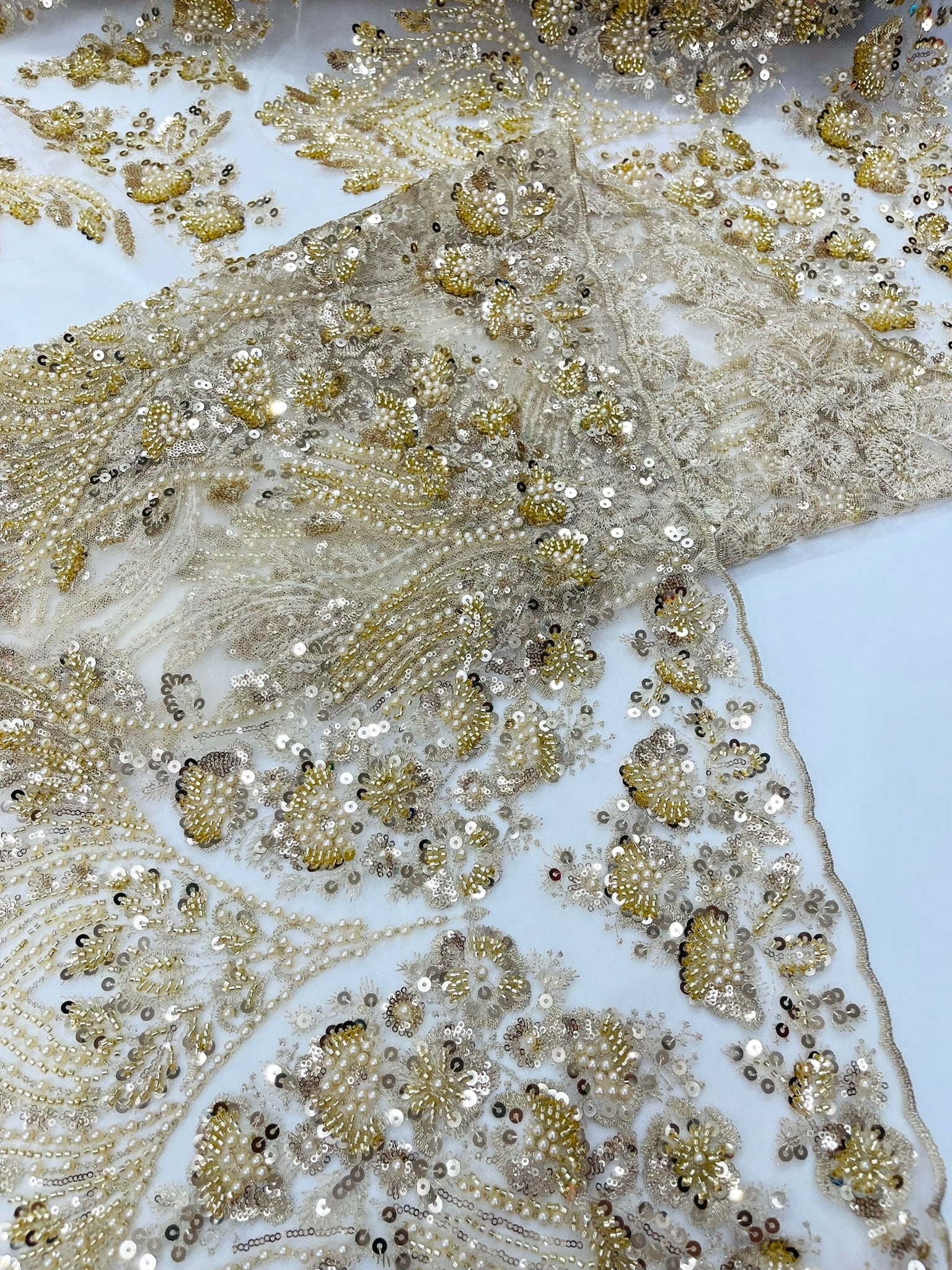 Damask Wing Design Embroidered Heavy Beaded Lace on 54" Mesh Fabric. - New Creations Fabric & Foam Inc