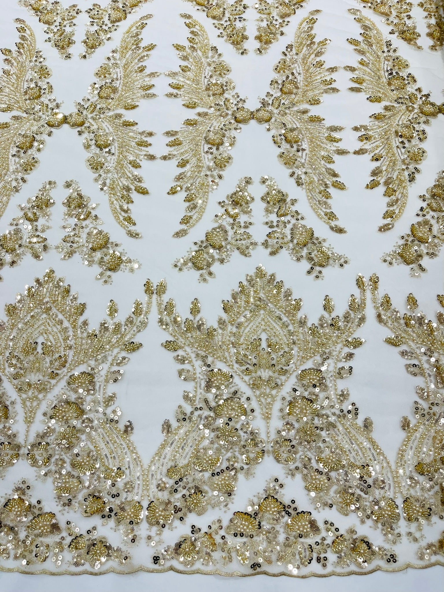 Damask Wing Design Embroidered Heavy Beaded Lace on 54" Mesh Fabric. - New Creations Fabric & Foam Inc
