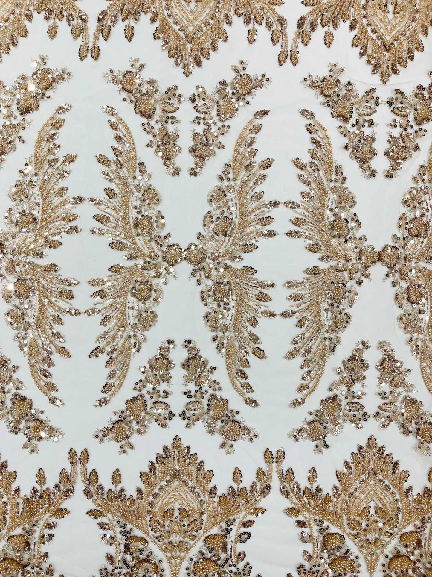 Damask Wing Design Embroidered Heavy Beaded Lace on 54" Mesh Fabric. - New Creations Fabric & Foam Inc