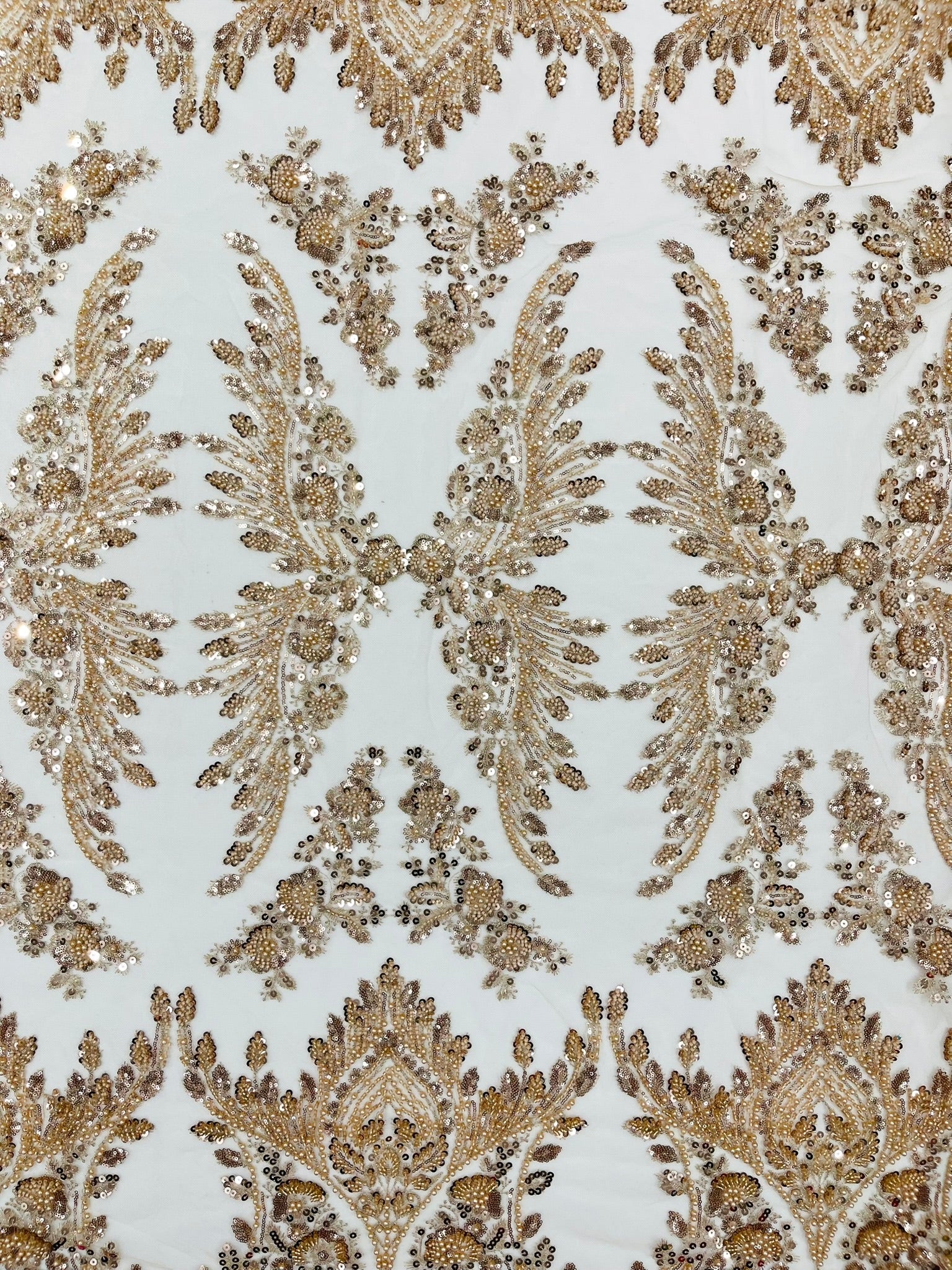 Damask Wing Design Embroidered Heavy Beaded Lace on 54" Mesh Fabric. - New Creations Fabric & Foam Inc