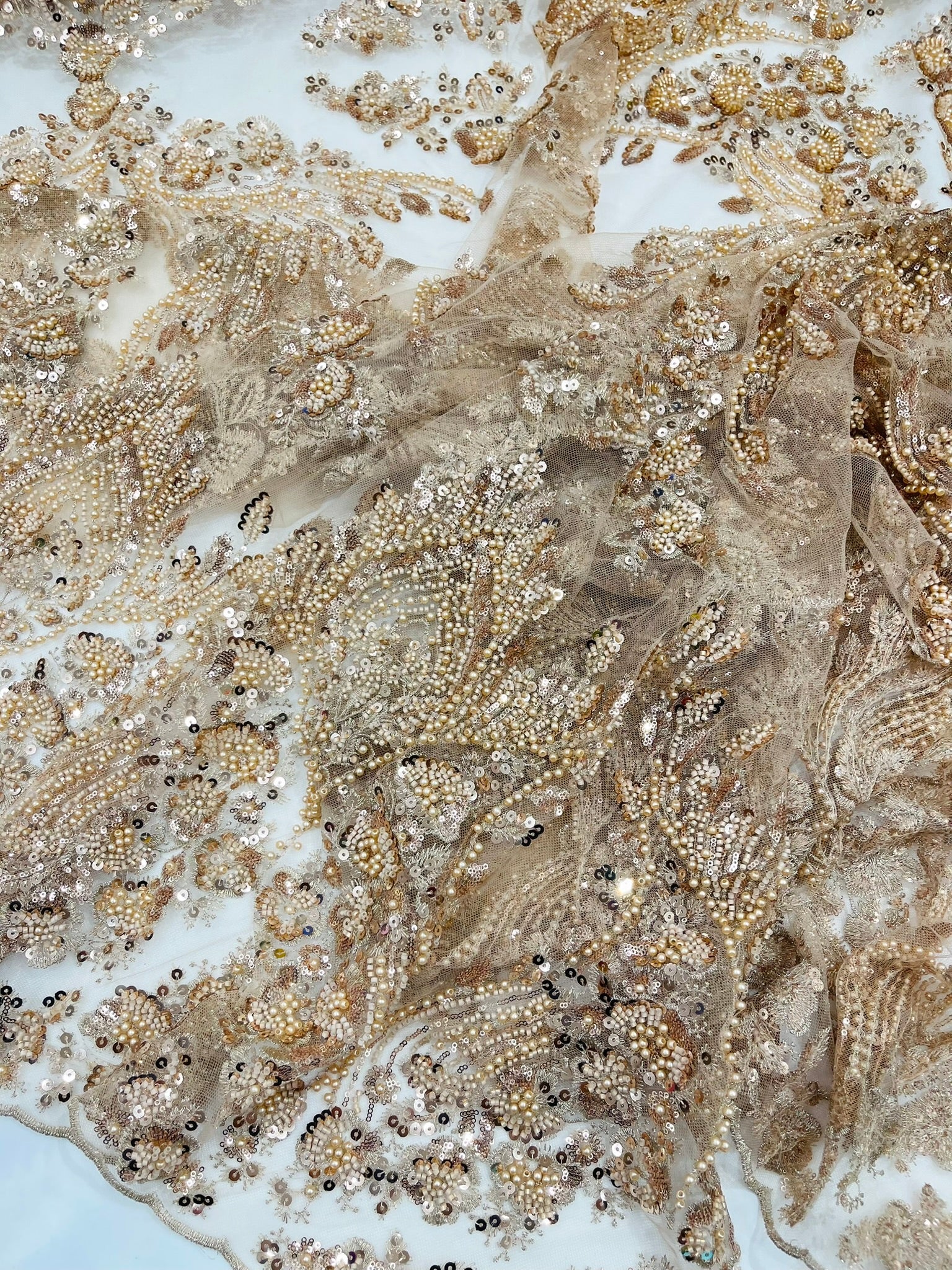 Damask Wing Design Embroidered Heavy Beaded Lace on 54" Mesh Fabric. - New Creations Fabric & Foam Inc