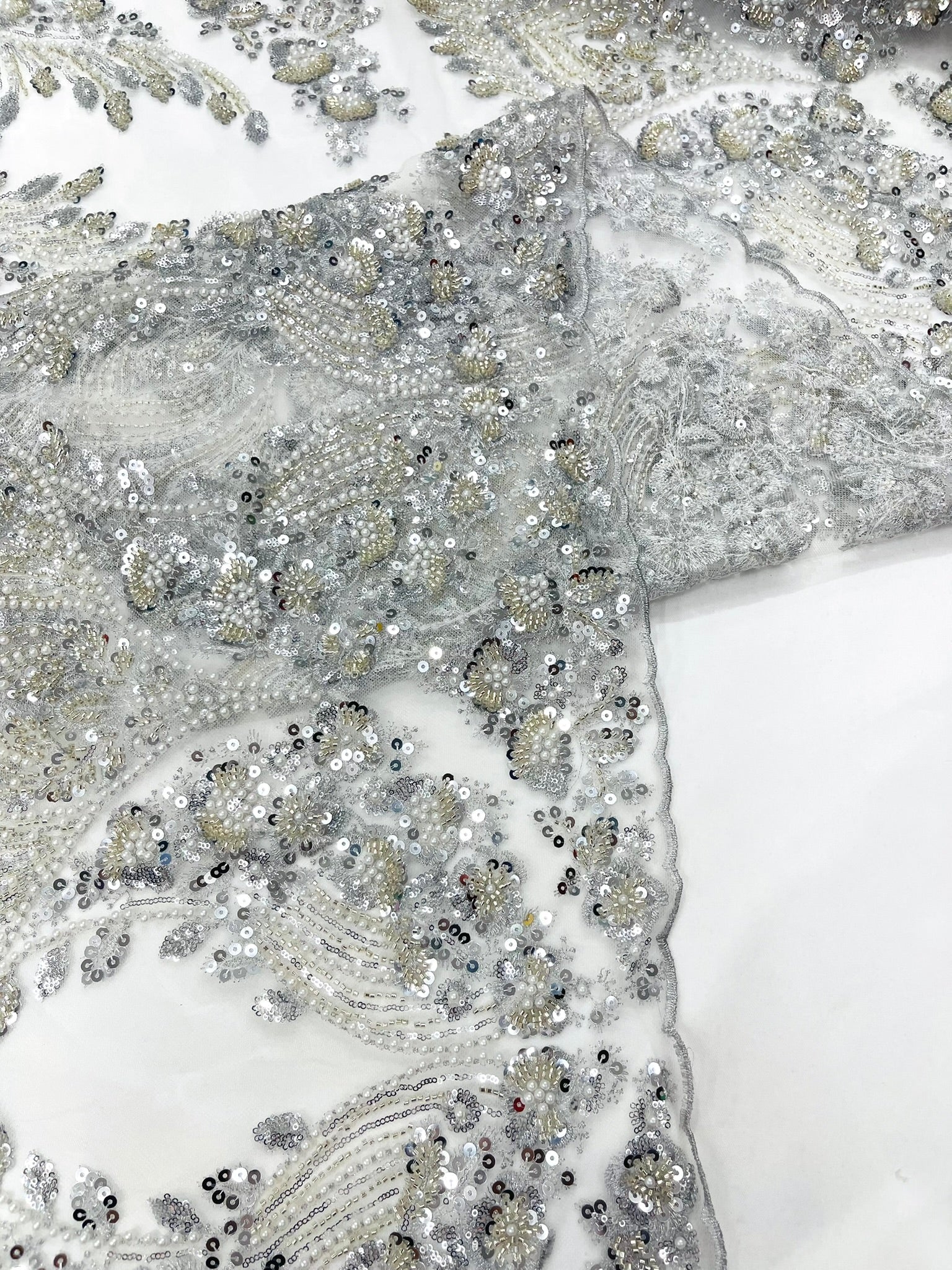 Damask Wing Design Embroidered Heavy Beaded Lace on 54" Mesh Fabric. - New Creations Fabric & Foam Inc