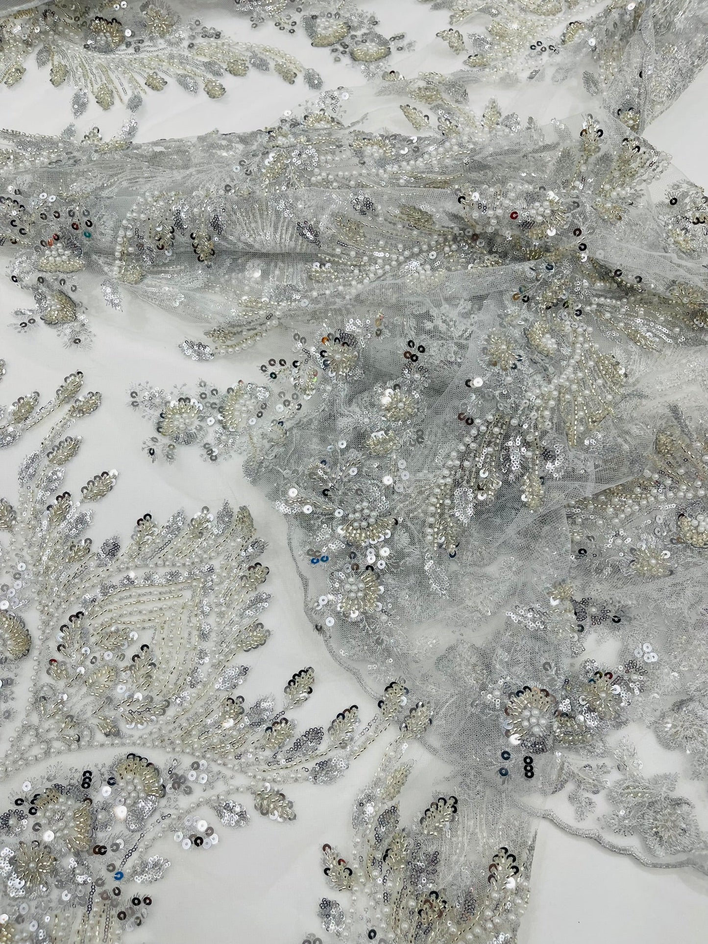 Damask Wing Design Embroidered Heavy Beaded Lace on 54" Mesh Fabric. - New Creations Fabric & Foam Inc