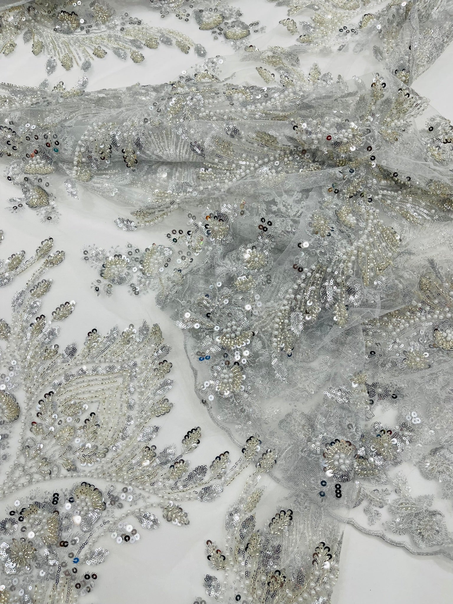 Damask Wing Design Embroidered Heavy Beaded Lace on 54" Mesh Fabric. - New Creations Fabric & Foam Inc