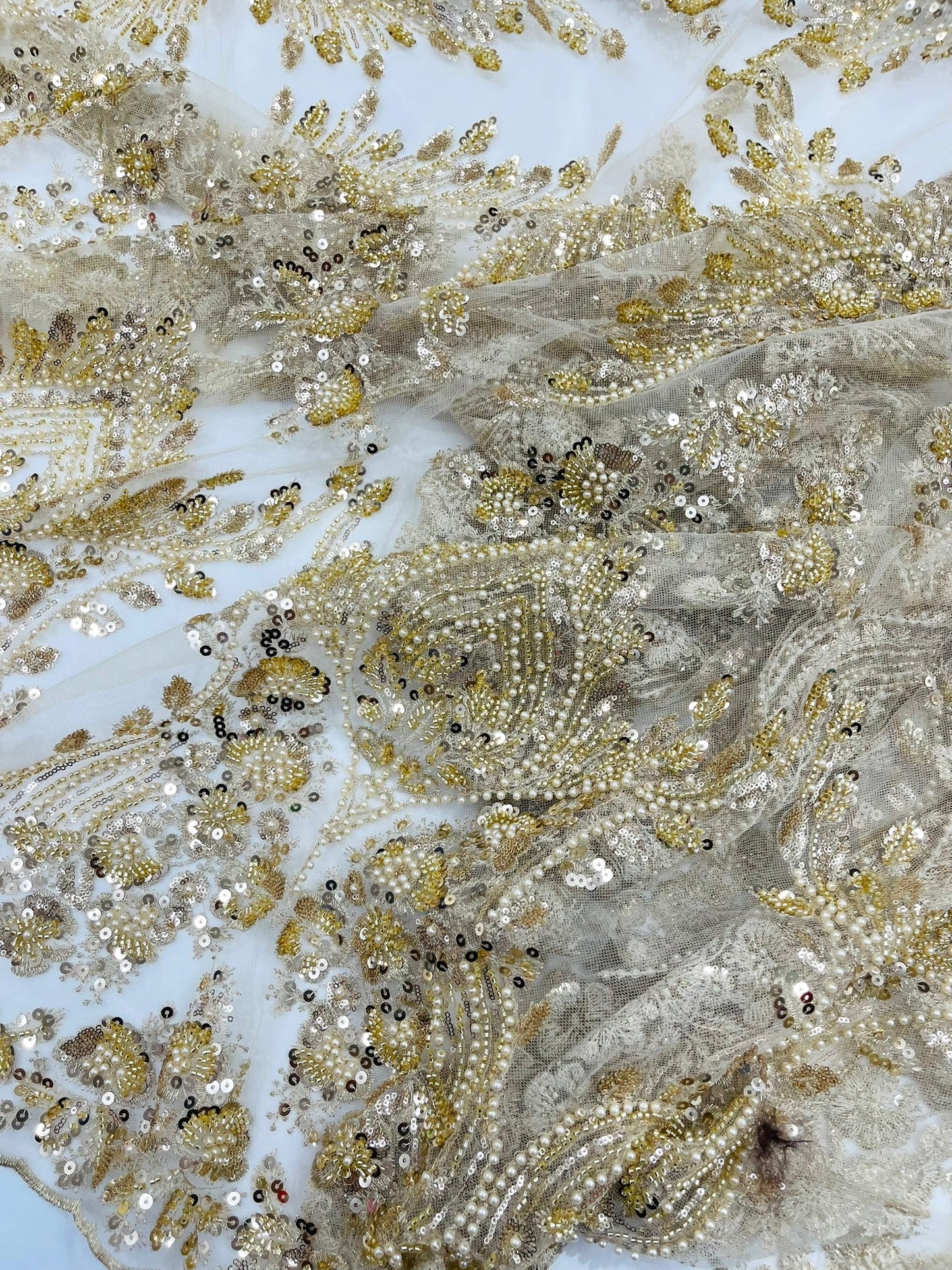 Damask Wing Design Embroidered Heavy Beaded Lace on 54" Mesh Fabric. - New Creations Fabric & Foam Inc