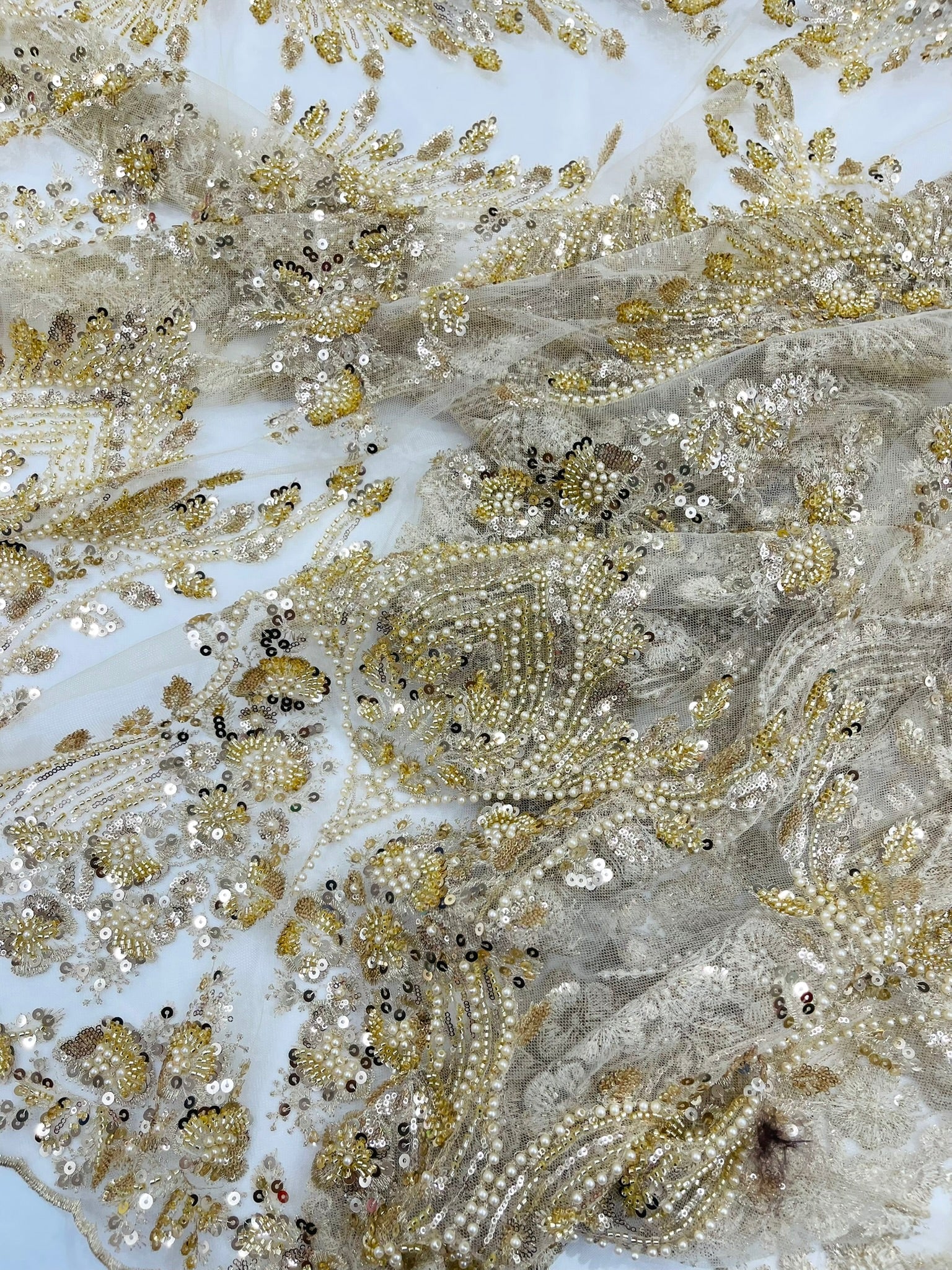 Damask Wing Design Embroidered Heavy Beaded Lace on 54" Mesh Fabric. - New Creations Fabric & Foam Inc
