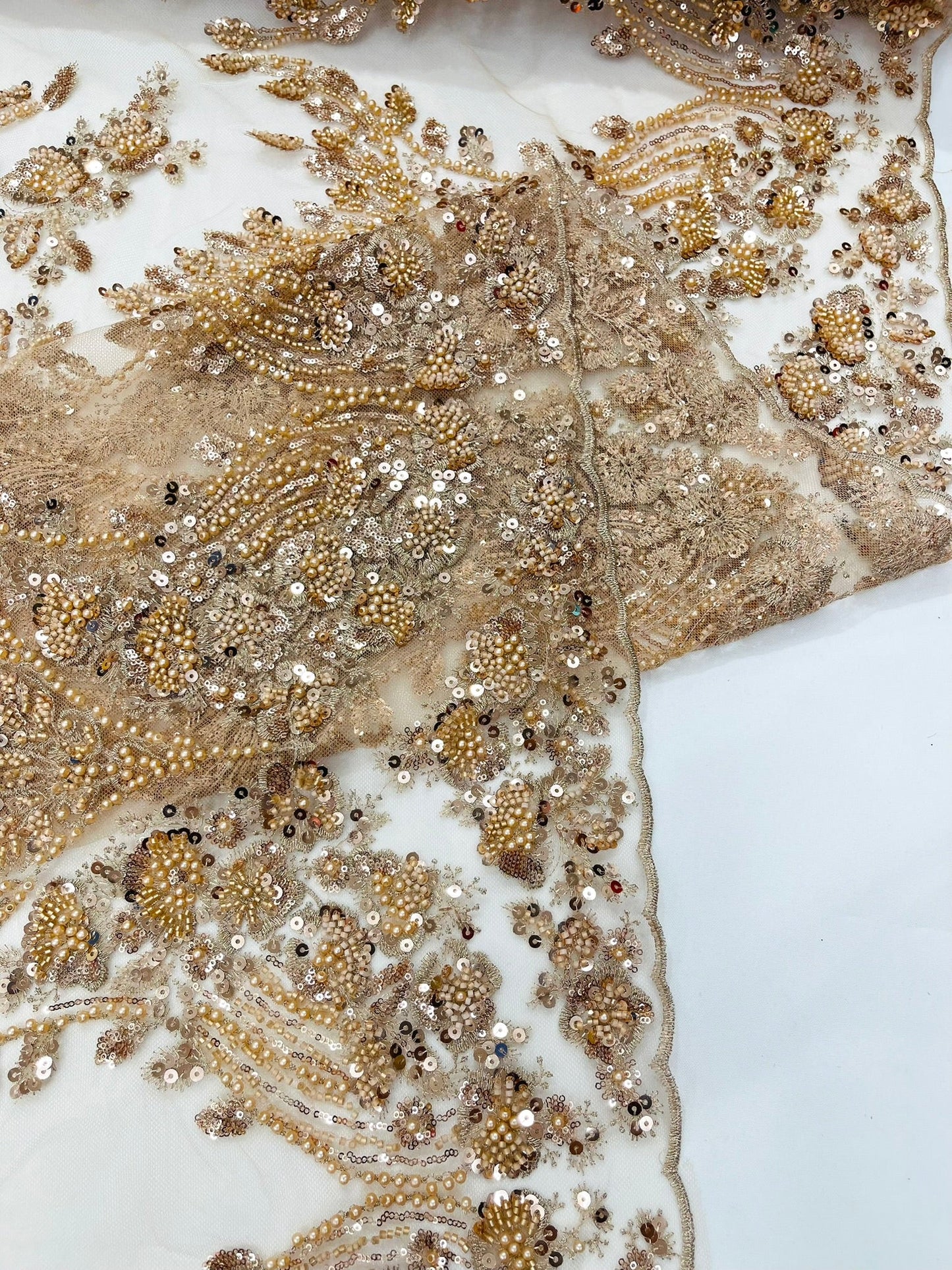 Damask Wing Design Embroidered Heavy Beaded Lace on 54" Mesh Fabric. - New Creations Fabric & Foam Inc