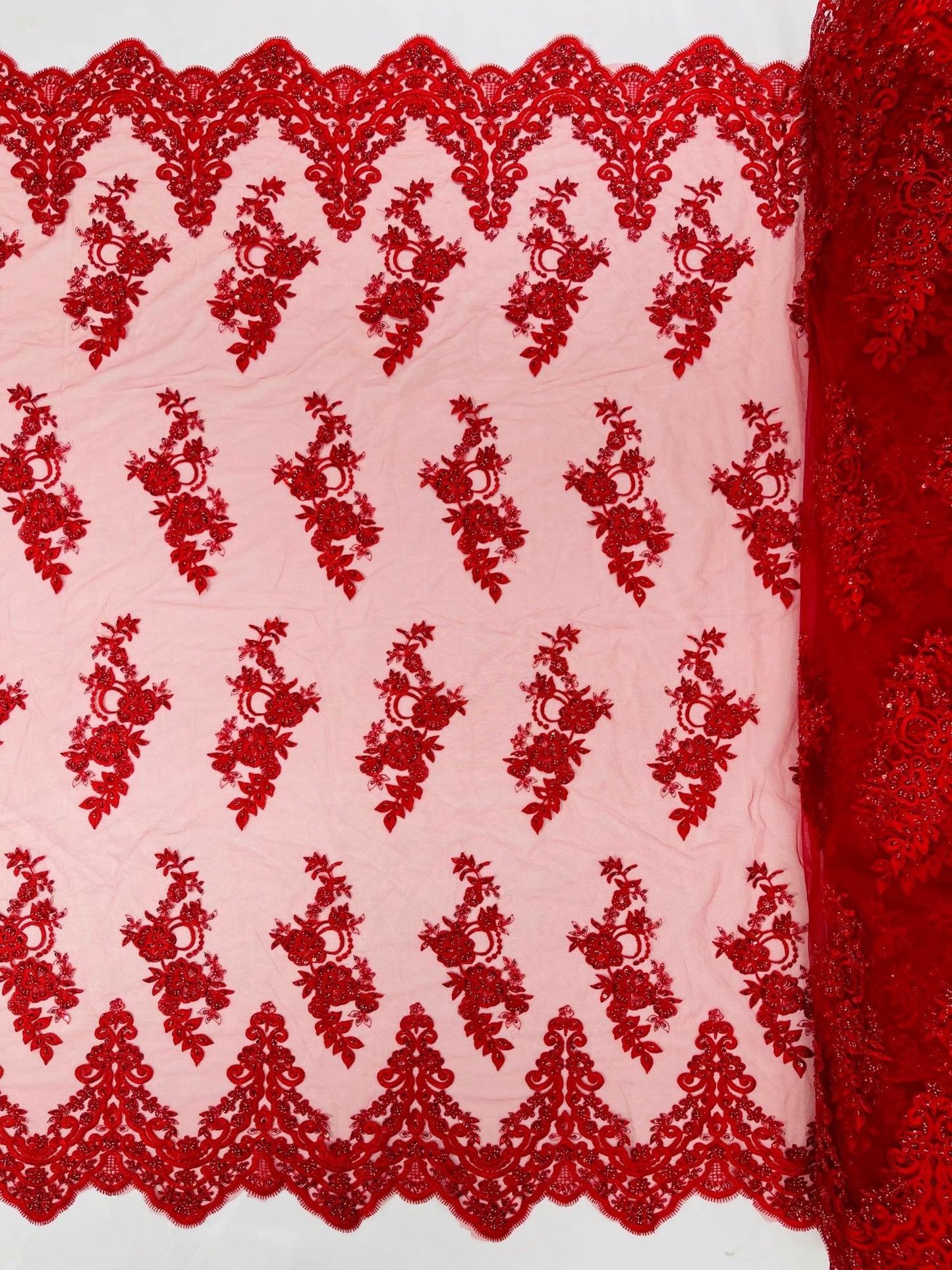 ELEGANT BEADED FLORAL LACE ON MESH FABRIC (By The Yard) - New Creations Fabric & Foam Inc