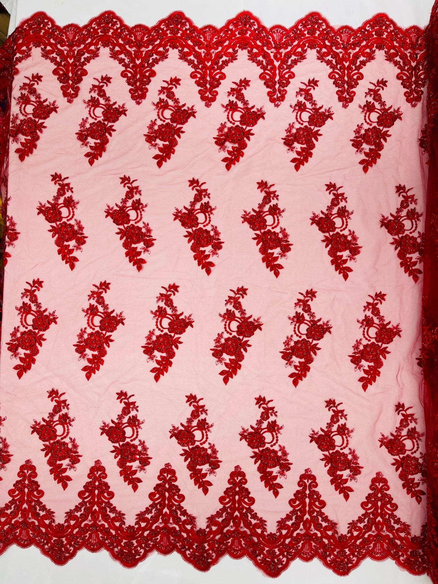 ELEGANT BEADED FLORAL LACE ON MESH FABRIC (By The Yard) - New Creations Fabric & Foam Inc