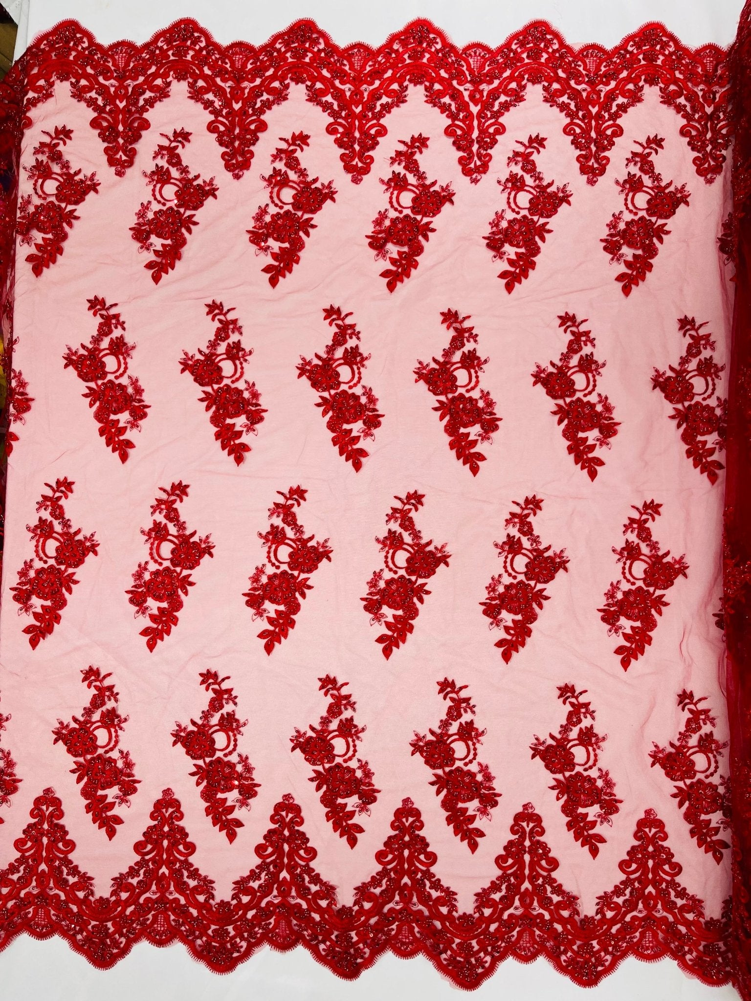 ELEGANT BEADED FLORAL LACE ON MESH FABRIC (By The Yard) - New Creations Fabric & Foam Inc