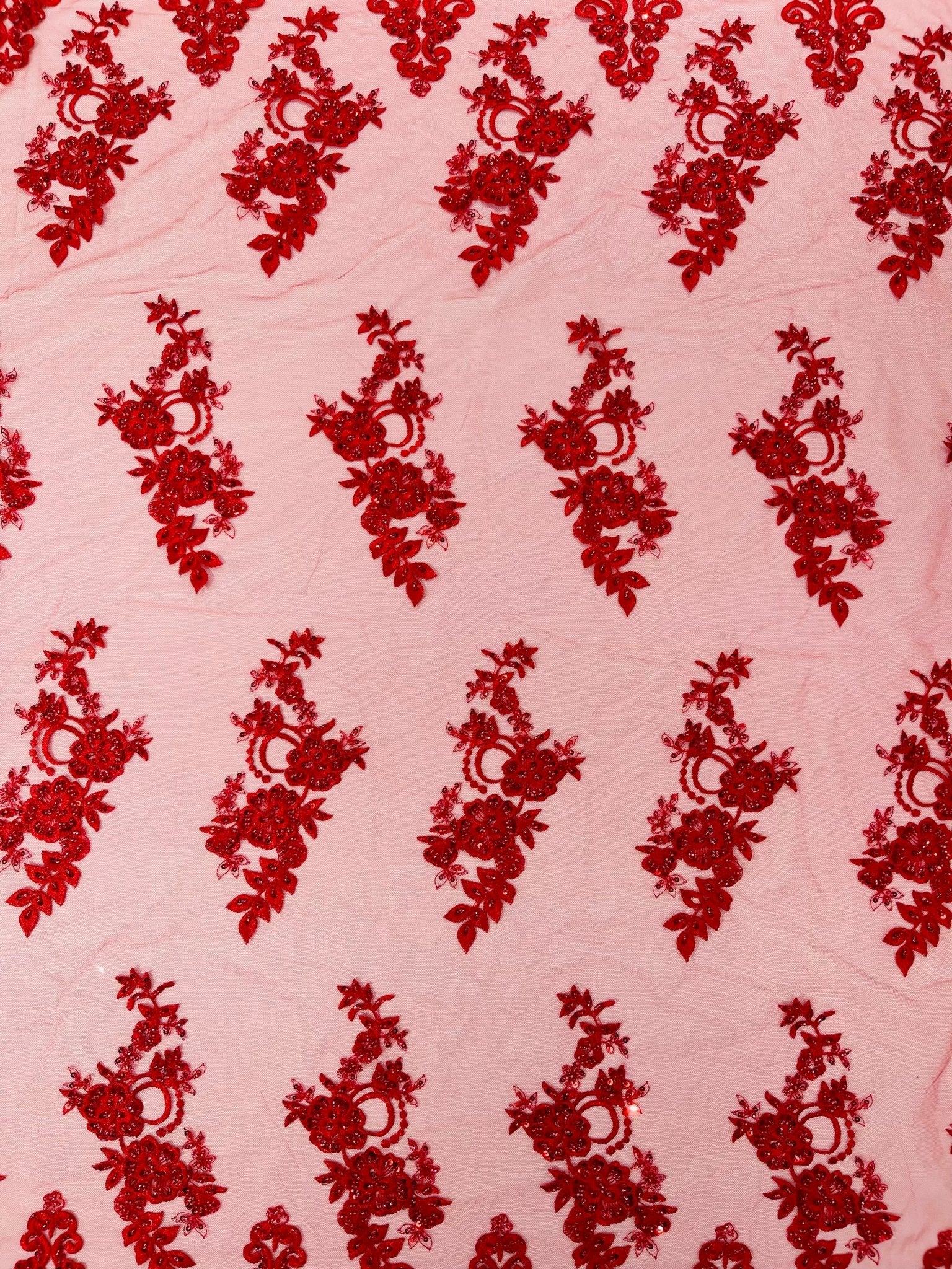 ELEGANT BEADED FLORAL LACE ON MESH FABRIC (By The Yard) - New Creations Fabric & Foam Inc