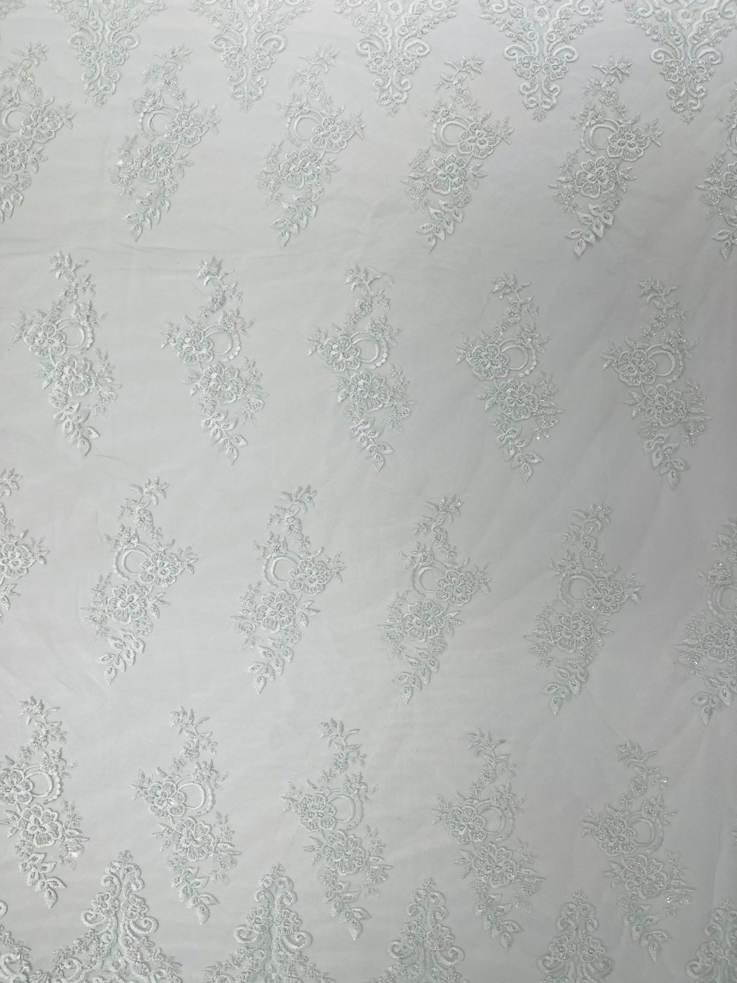 ELEGANT BEADED FLORAL LACE ON MESH FABRIC (By The Yard) - New Creations Fabric & Foam Inc