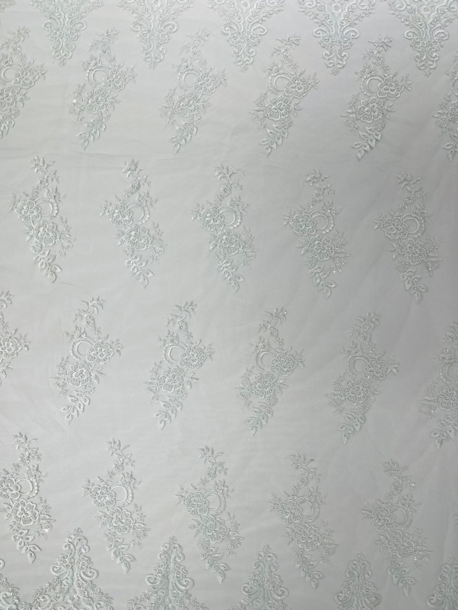 ELEGANT BEADED FLORAL LACE ON MESH FABRIC (By The Yard) - New Creations Fabric & Foam Inc