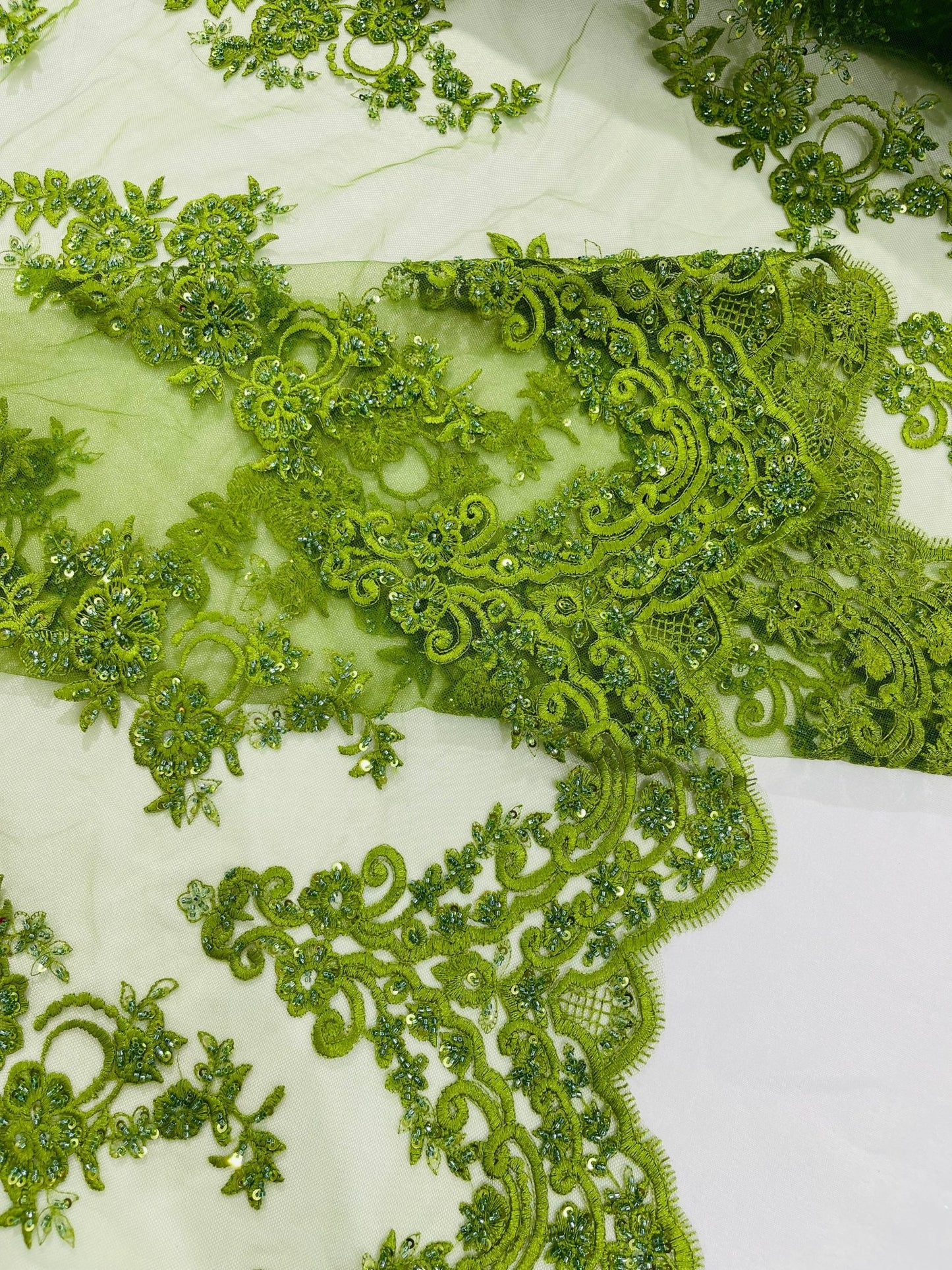 ELEGANT BEADED FLORAL LACE ON MESH FABRIC (By The Yard) - New Creations Fabric & Foam Inc