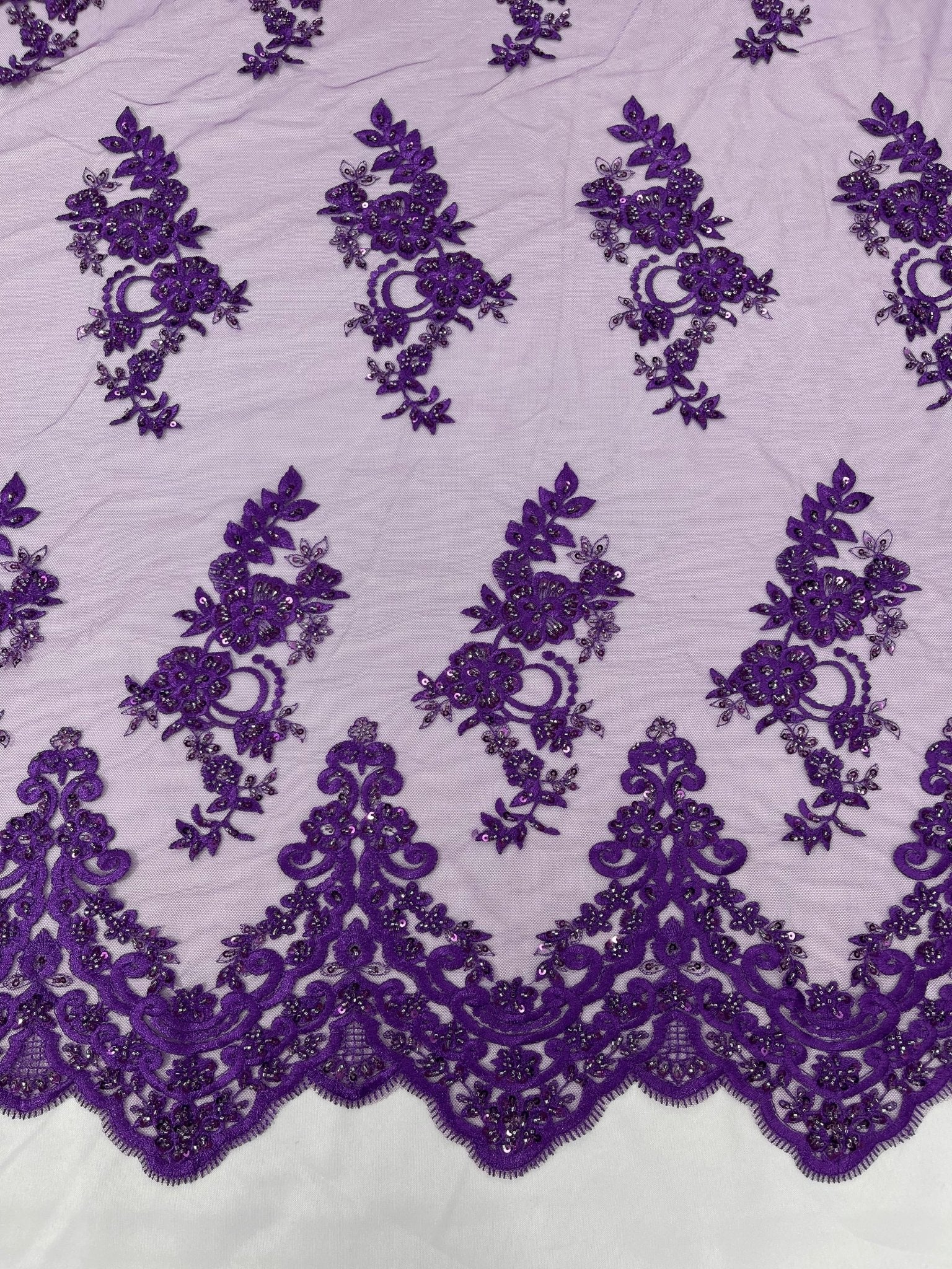 ELEGANT BEADED FLORAL LACE ON MESH FABRIC (By The Yard) - New Creations Fabric & Foam Inc