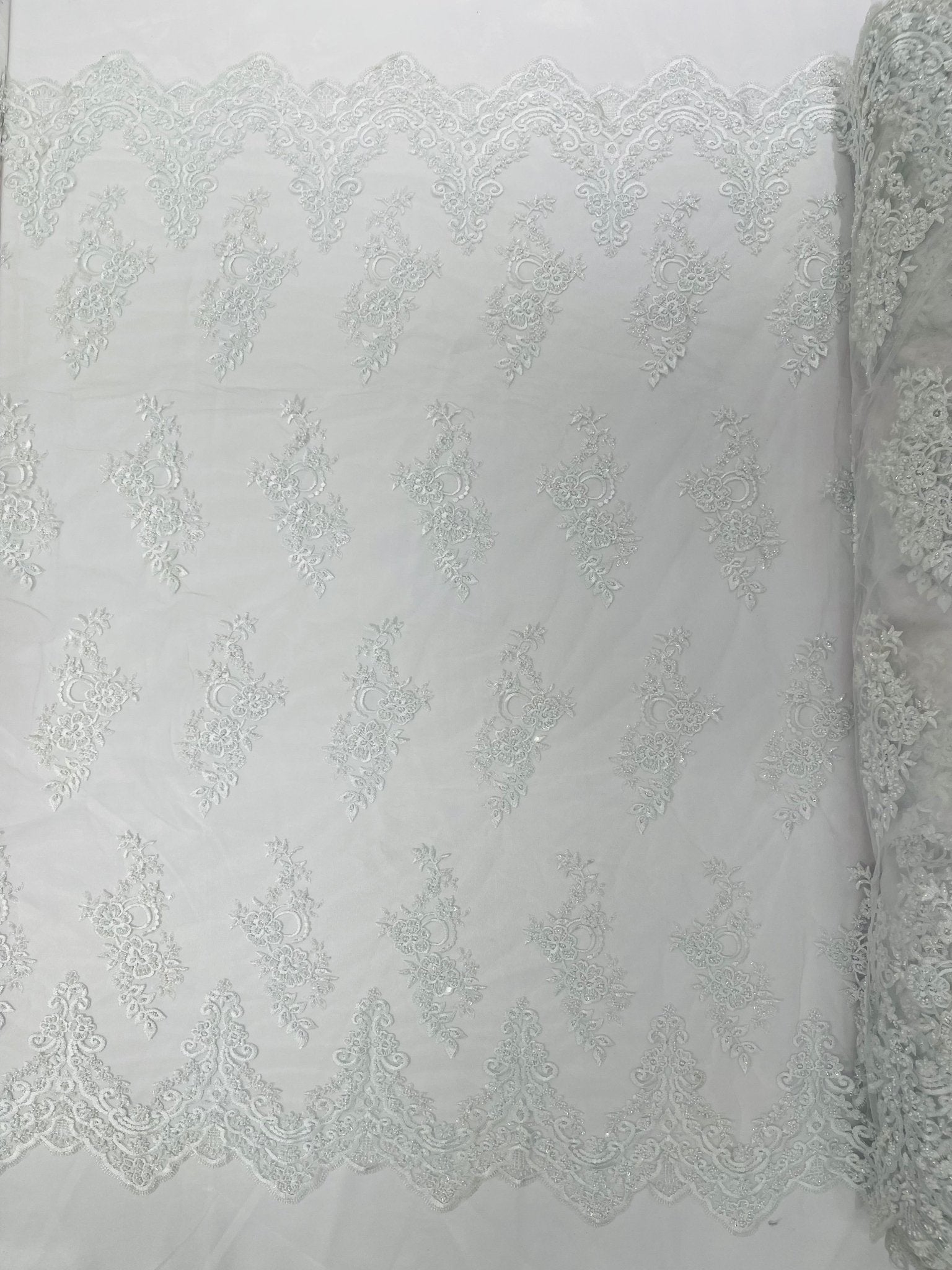 ELEGANT BEADED FLORAL LACE ON MESH FABRIC (By The Yard) - New Creations Fabric & Foam Inc
