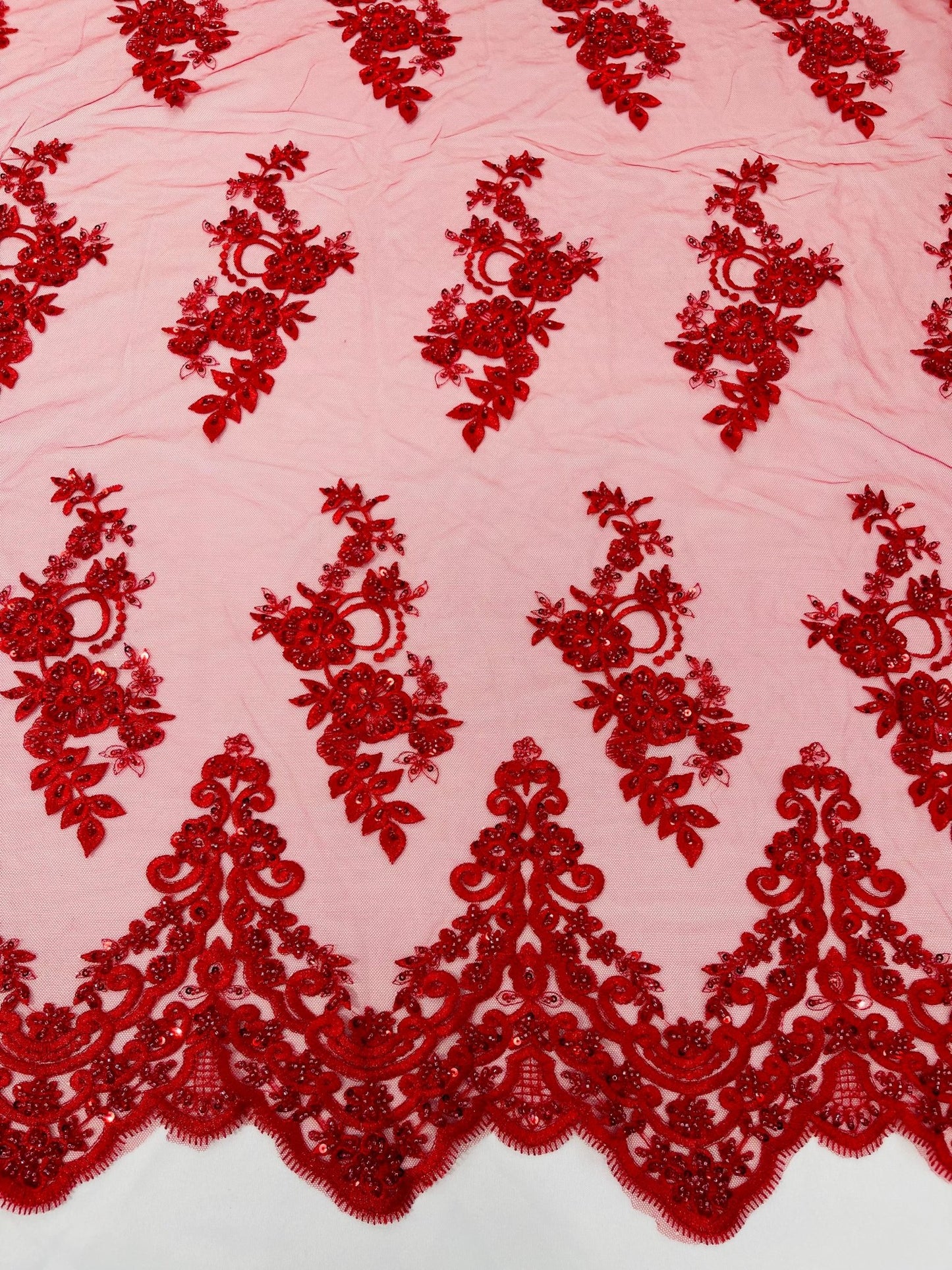 ELEGANT BEADED FLORAL LACE ON MESH FABRIC (By The Yard) - New Creations Fabric & Foam Inc