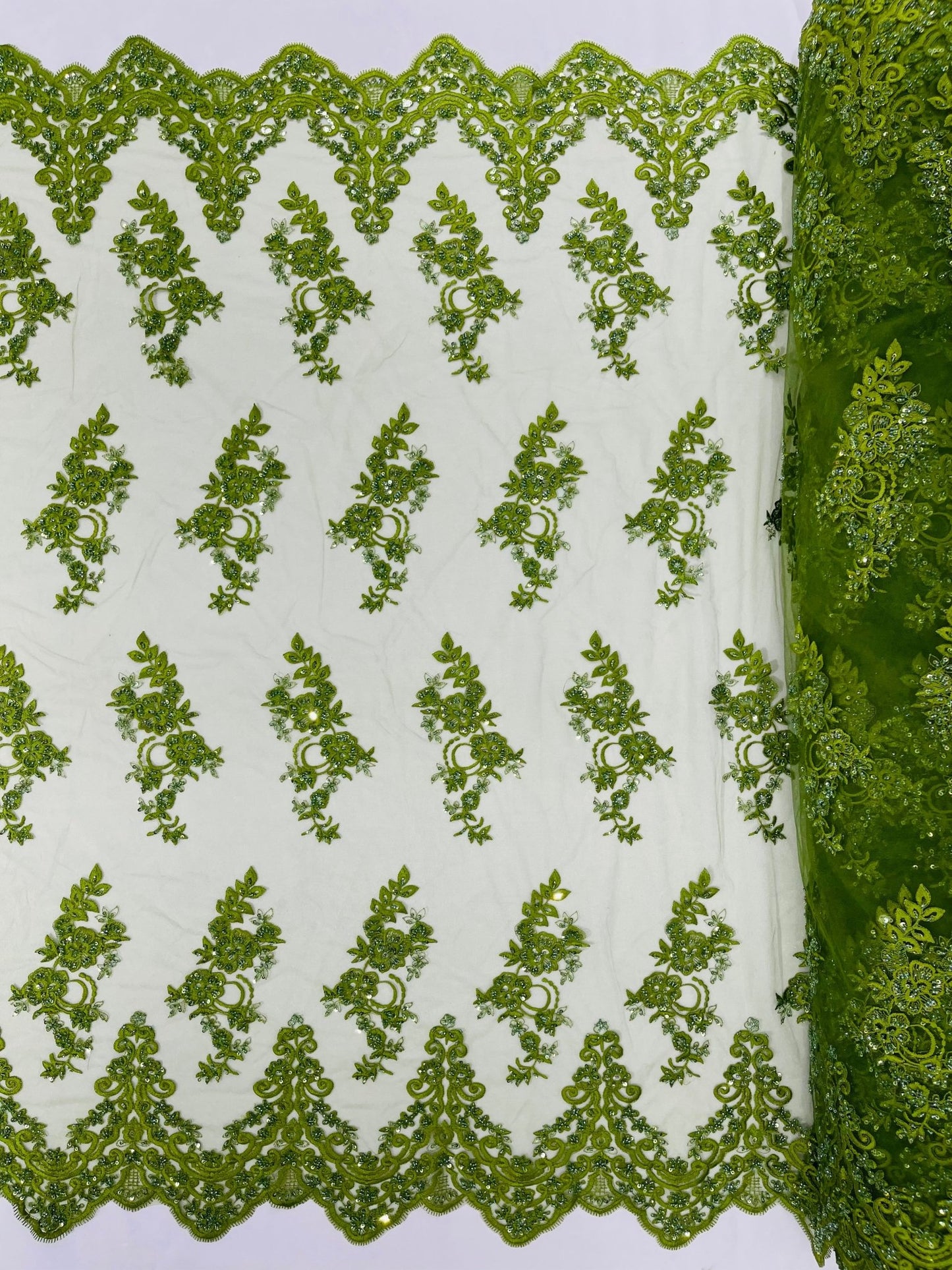 ELEGANT BEADED FLORAL LACE ON MESH FABRIC (By The Yard) - New Creations Fabric & Foam Inc