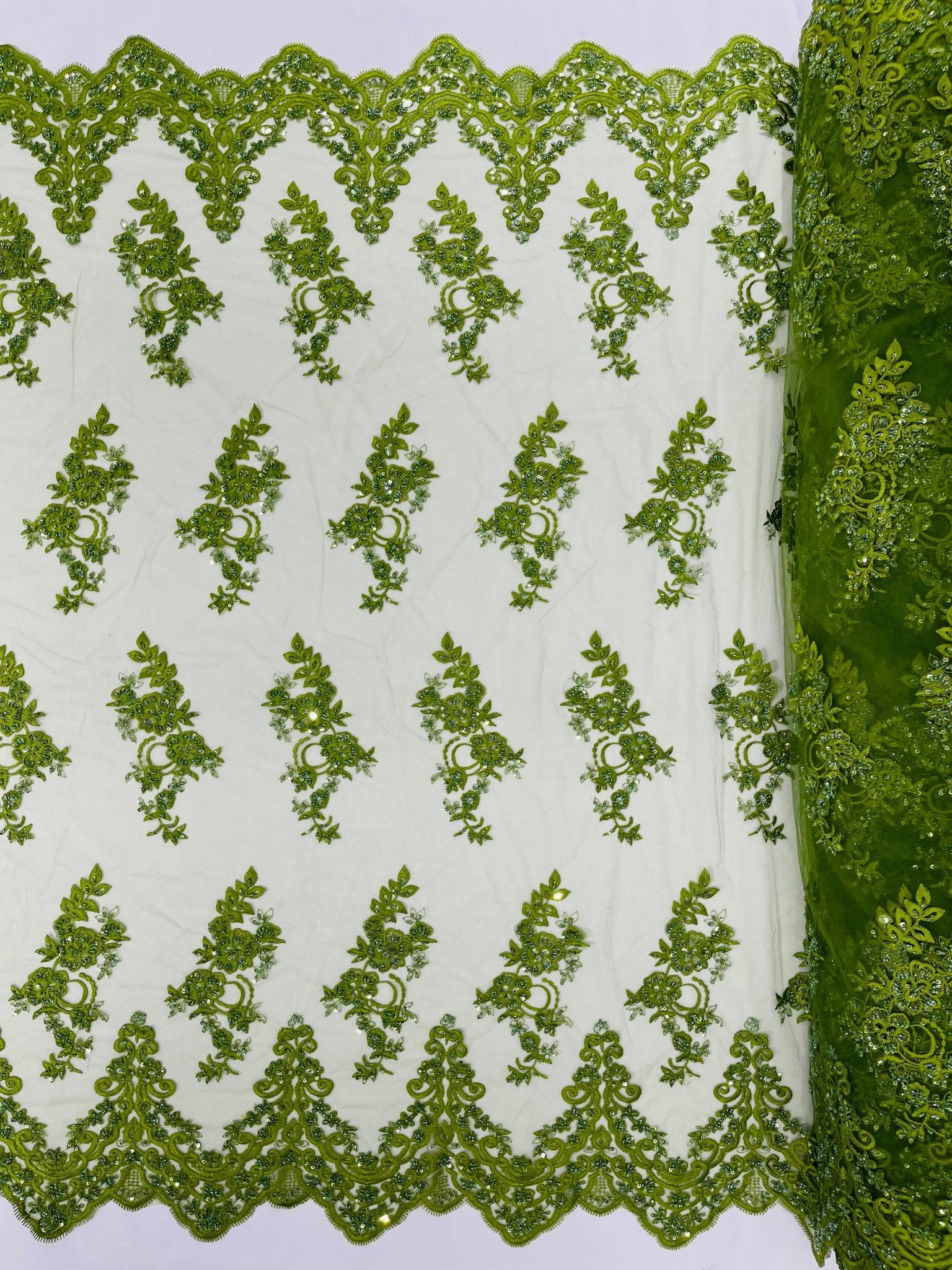 ELEGANT BEADED FLORAL LACE ON MESH FABRIC (By The Yard) - New Creations Fabric & Foam Inc