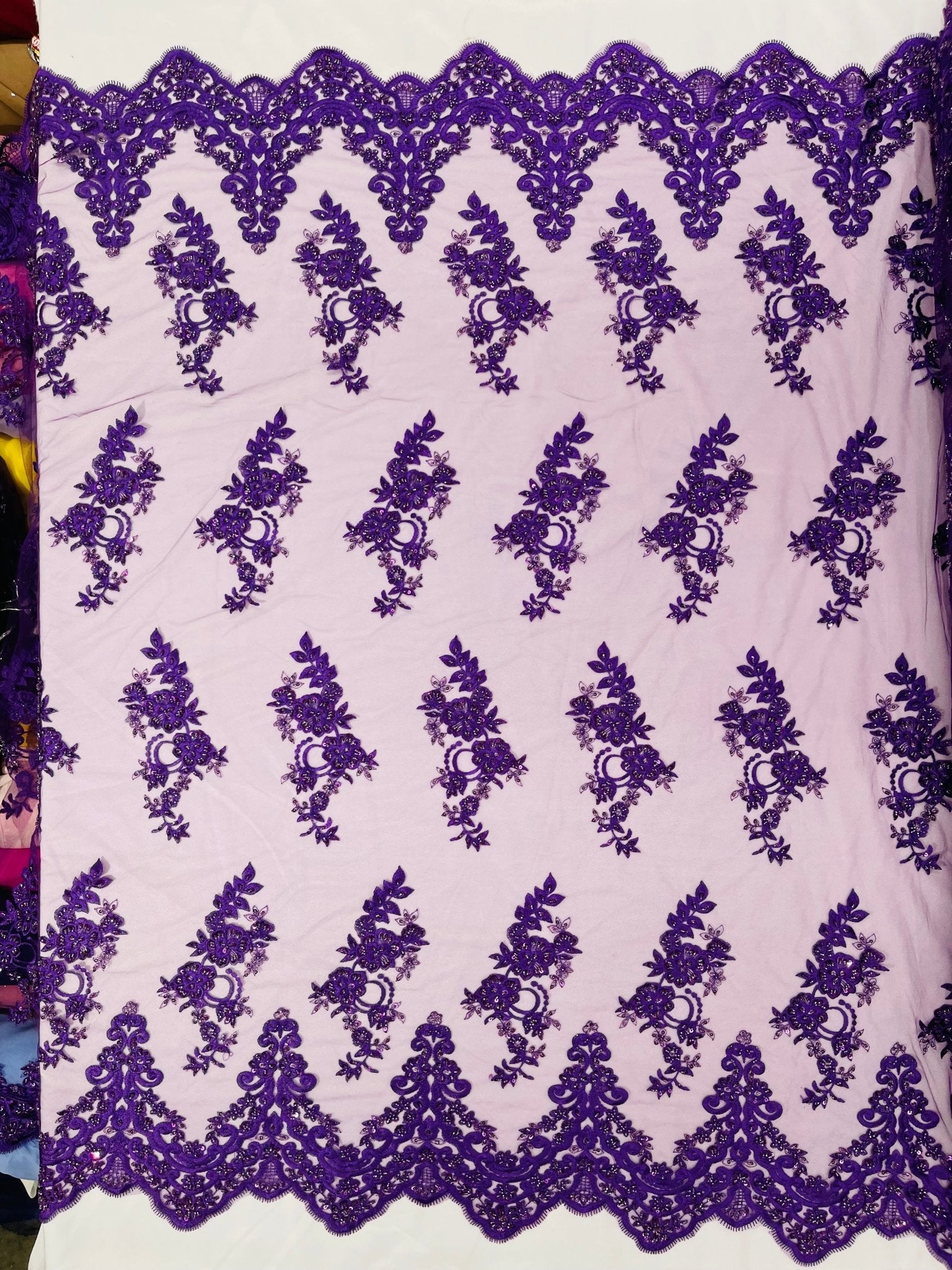 ELEGANT BEADED FLORAL LACE ON MESH FABRIC (By The Yard) - New Creations Fabric & Foam Inc