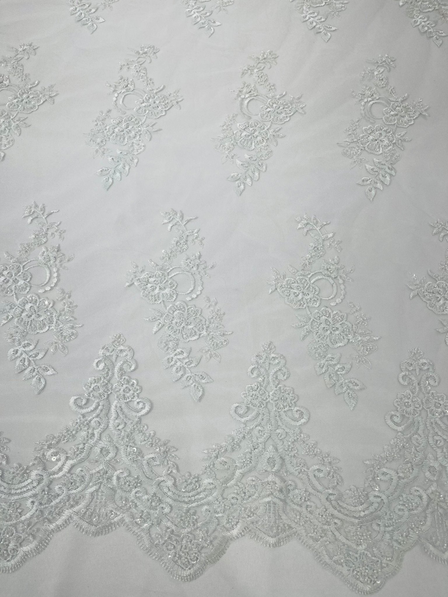 ELEGANT BEADED FLORAL LACE ON MESH FABRIC (By The Yard) - New Creations Fabric & Foam Inc