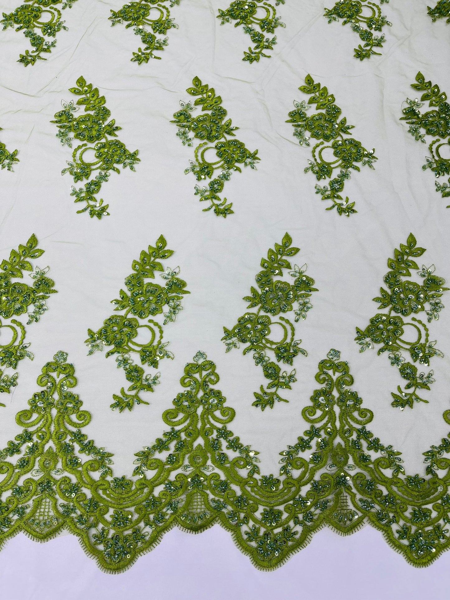 ELEGANT BEADED FLORAL LACE ON MESH FABRIC (By The Yard) - New Creations Fabric & Foam Inc