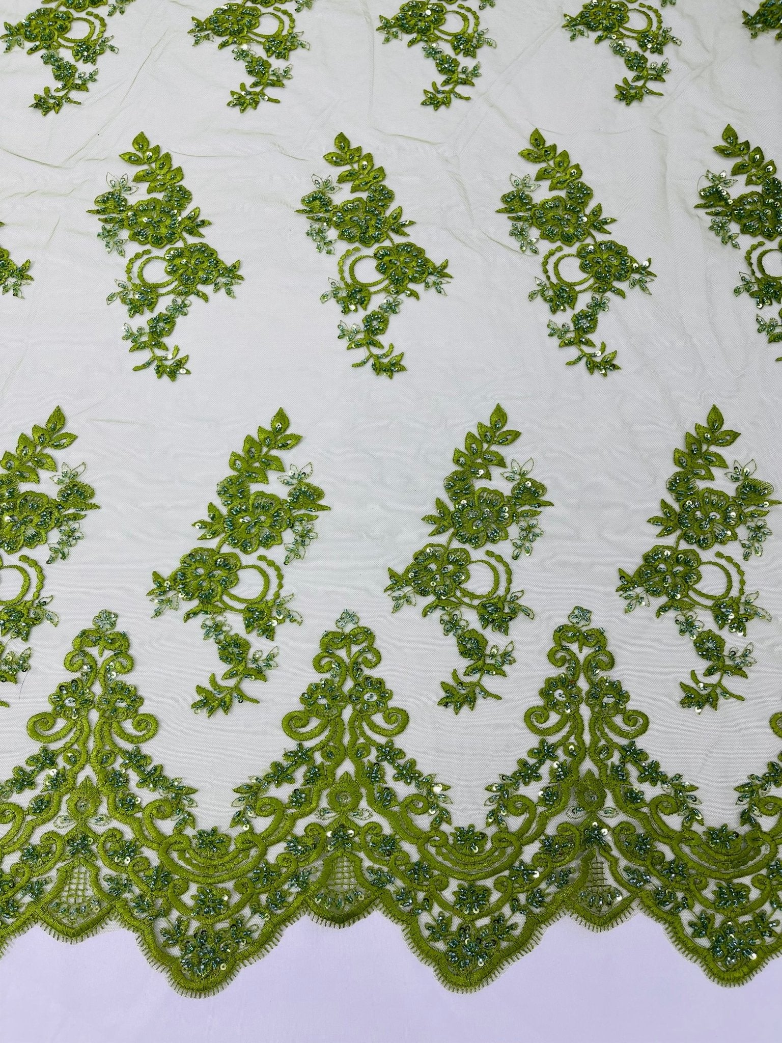 ELEGANT BEADED FLORAL LACE ON MESH FABRIC (By The Yard) - New Creations Fabric & Foam Inc