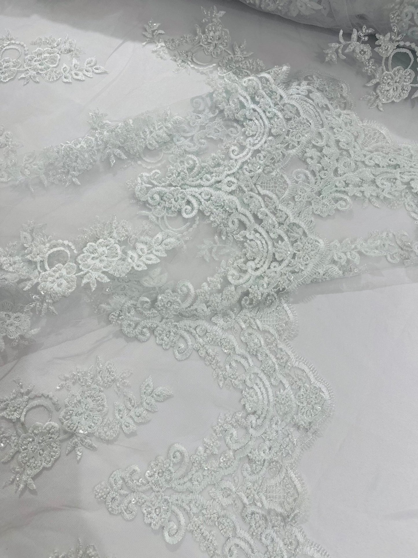 ELEGANT BEADED FLORAL LACE ON MESH FABRIC (By The Yard) - New Creations Fabric & Foam Inc