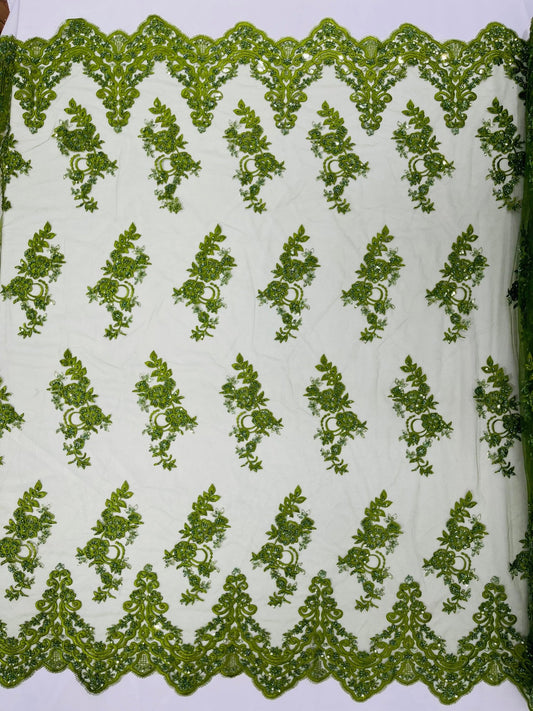 ELEGANT BEADED FLORAL LACE ON MESH FABRIC (By The Yard) - New Creations Fabric & Foam Inc