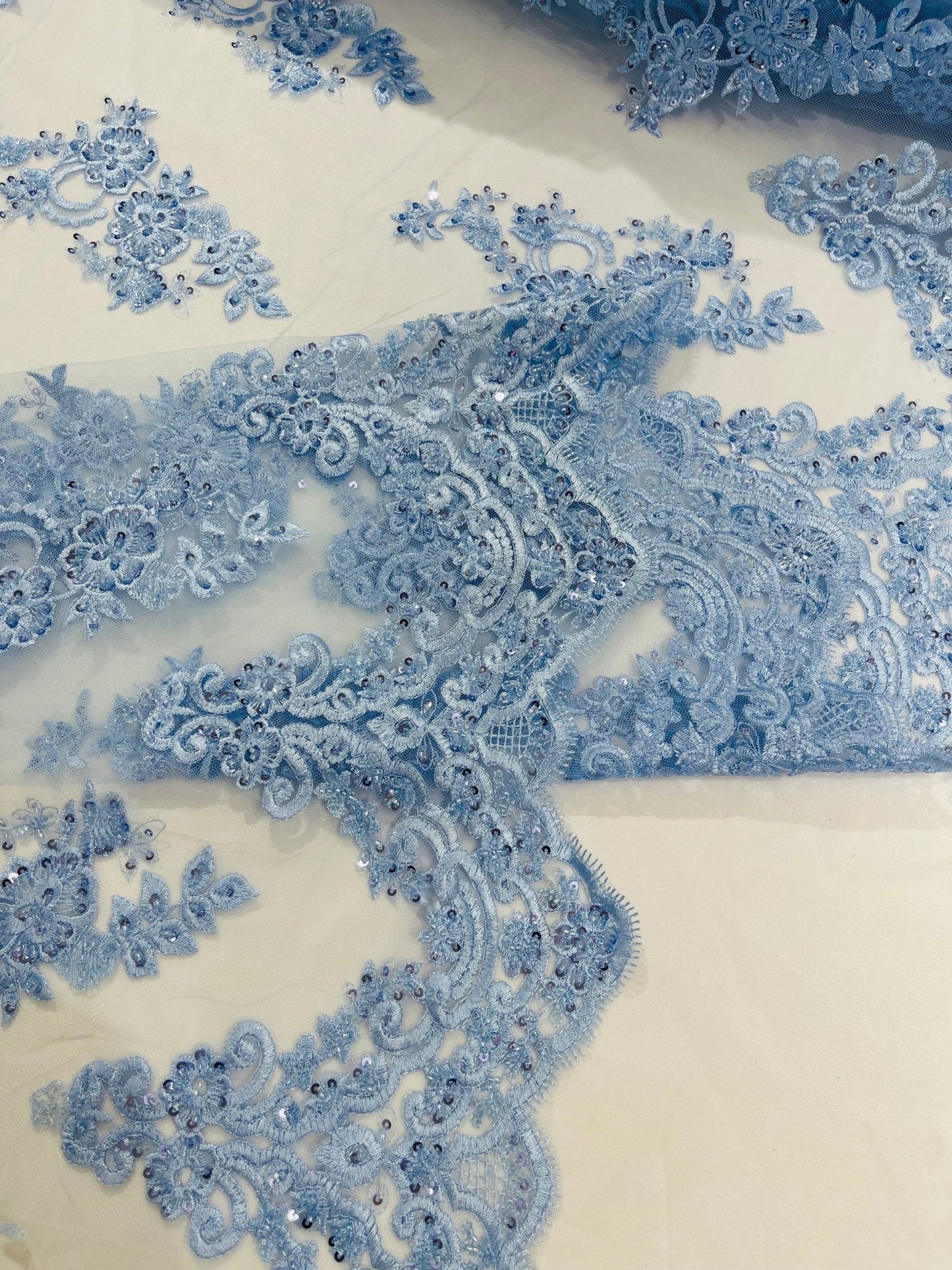 ELEGANT BEADED FLORAL LACE ON MESH FABRIC (By The Yard) - New Creations Fabric & Foam Inc