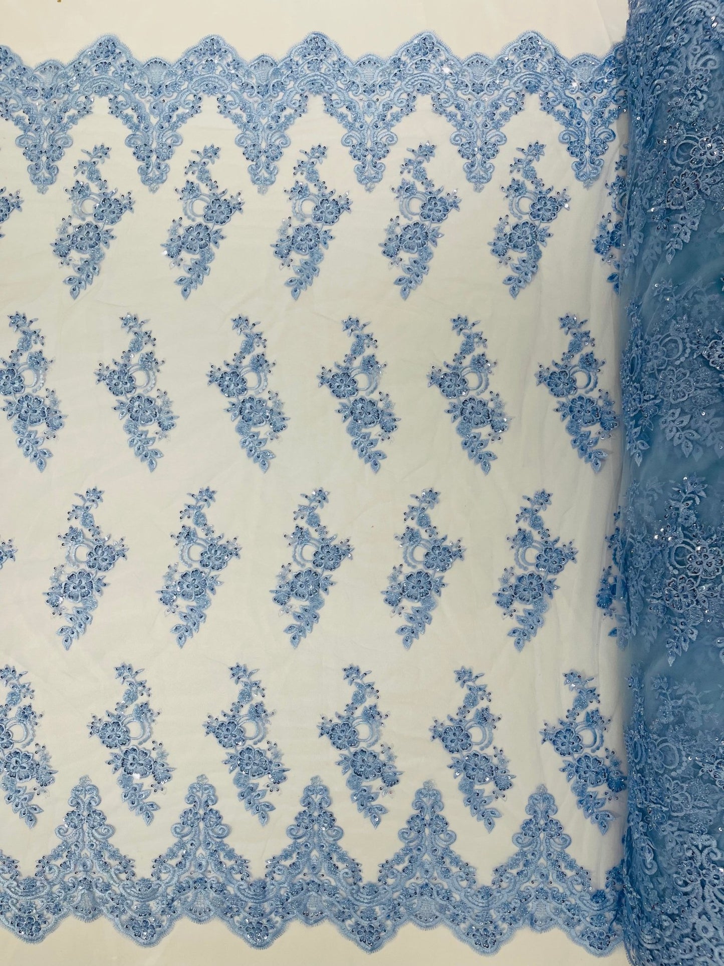 ELEGANT BEADED FLORAL LACE ON MESH FABRIC (By The Yard) - New Creations Fabric & Foam Inc