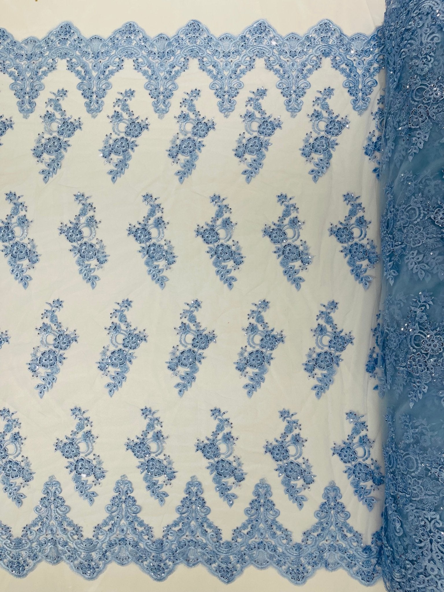 ELEGANT BEADED FLORAL LACE ON MESH FABRIC (By The Yard) - New Creations Fabric & Foam Inc