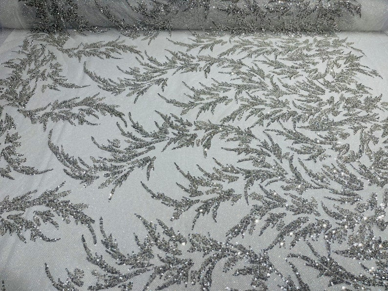 FASHION BEADED LACE ON GLITTER MESH FABRIC (By The Yard) - New Creations Fabric & Foam Inc