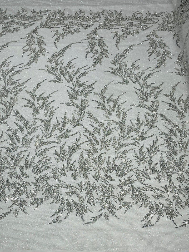 FASHION BEADED LACE ON GLITTER MESH FABRIC (By The Yard) - New Creations Fabric & Foam Inc