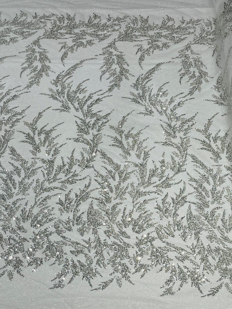 FASHION BEADED LACE ON GLITTER MESH FABRIC (By The Yard) - New Creations Fabric & Foam Inc