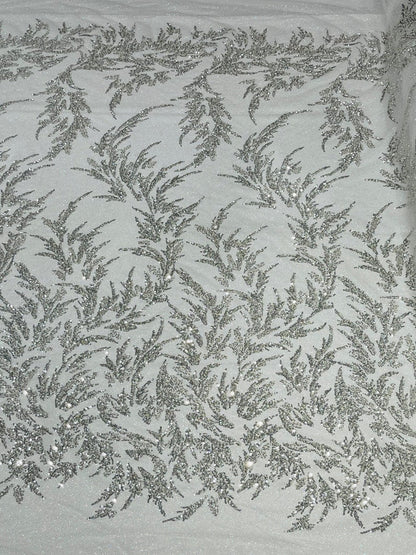 FASHION BEADED LACE ON GLITTER MESH FABRIC (By The Yard) - New Creations Fabric & Foam Inc