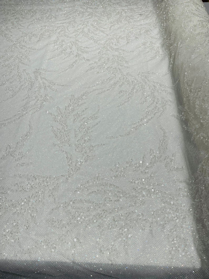 FASHION BEADED LACE ON GLITTER MESH FABRIC (By The Yard) - New Creations Fabric & Foam Inc