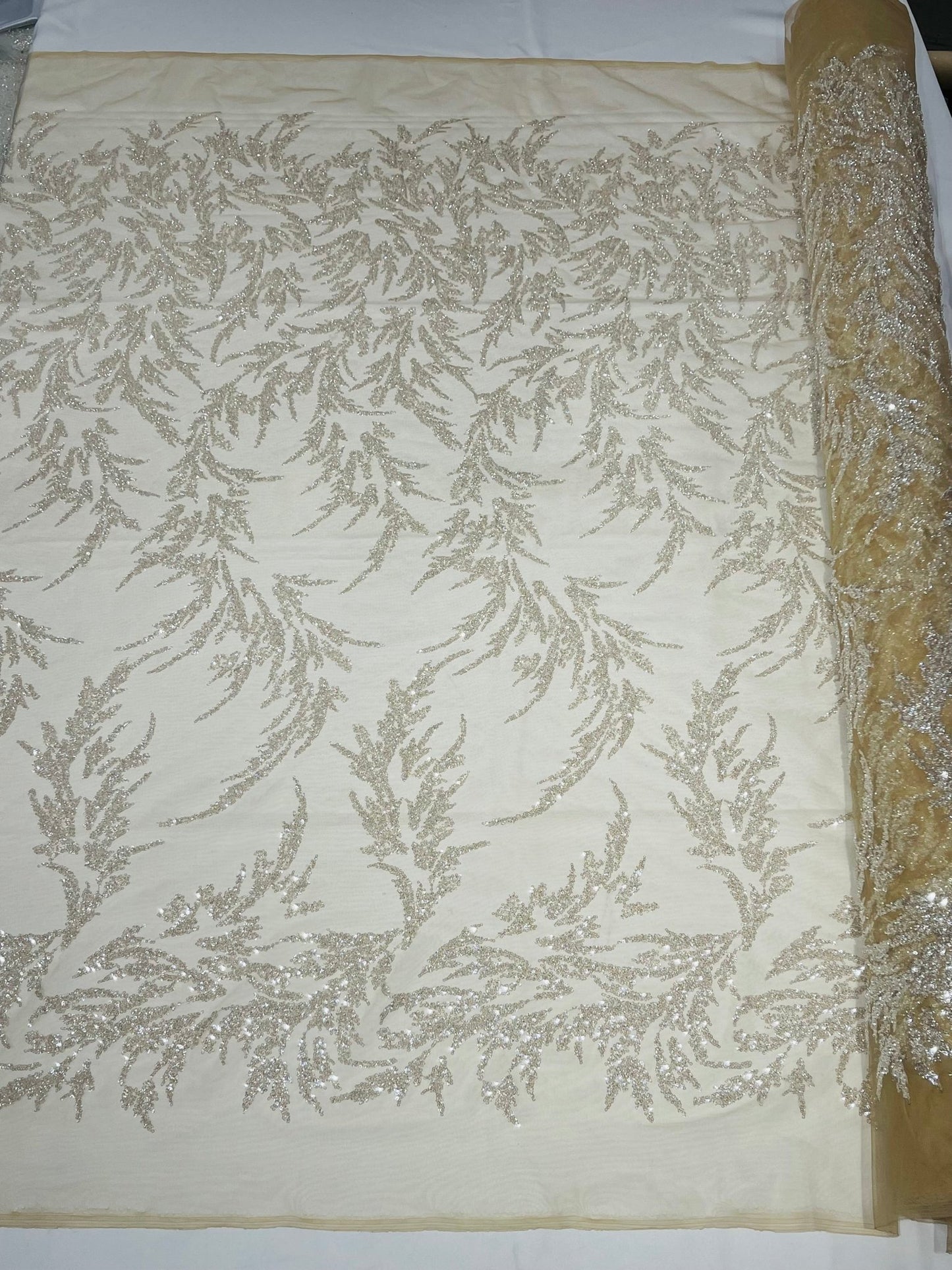 FASHION VINE BEADED LACE ON A MESH FABRIC (By The Yard) - New Creations Fabric & Foam Inc